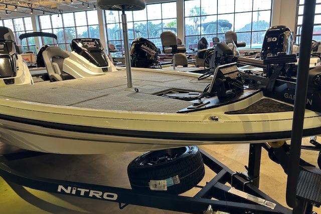2026 Nitro Z19 XL Pro boat displayed indoors on a trailer.