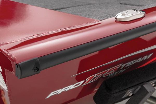 Close-up of a red Tracker Pro Team 175 TXW boat, 2021 model, showing hull details.