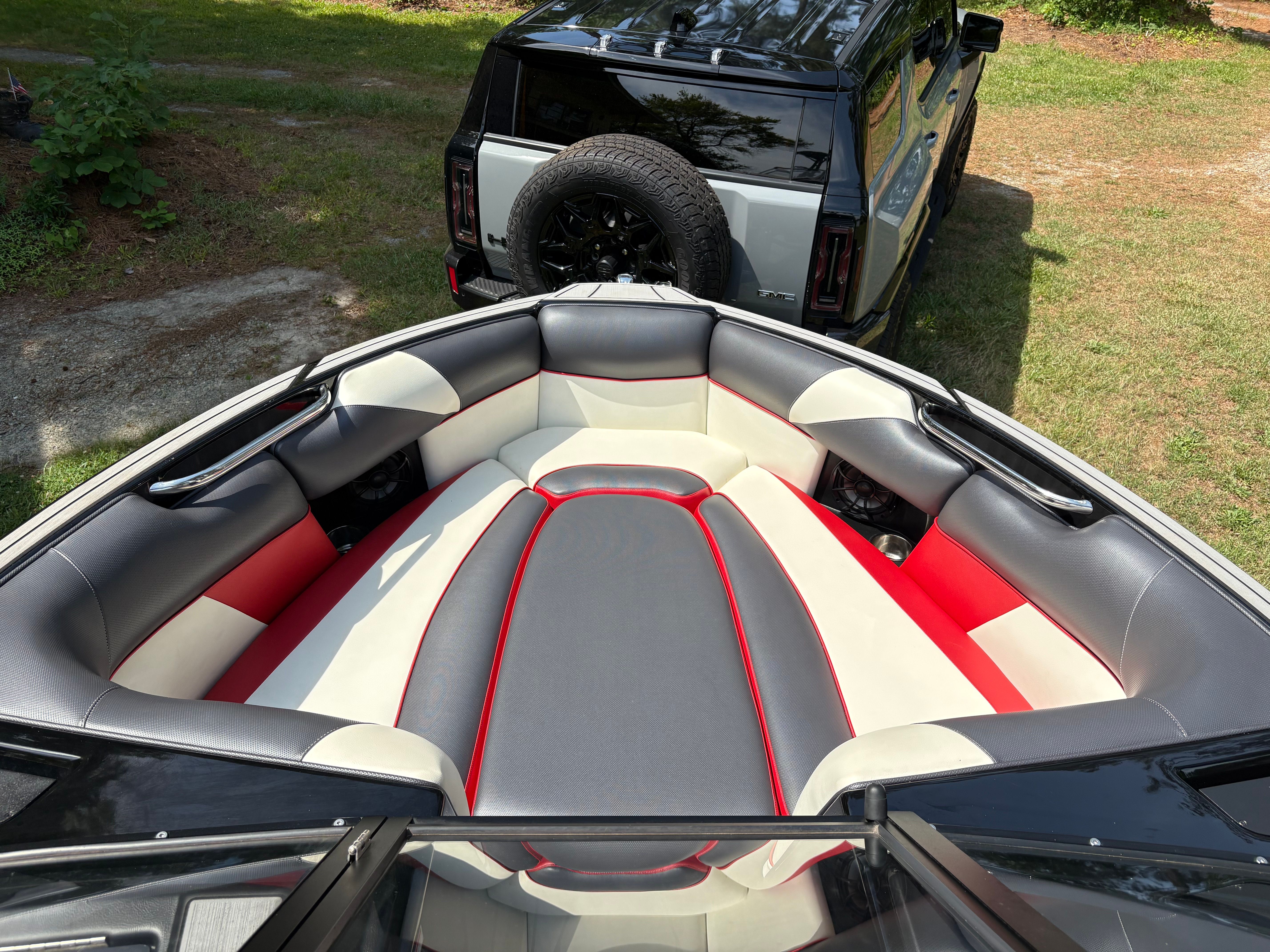 Interior of a 2021 Moomba Craz boat with luxurious seating.