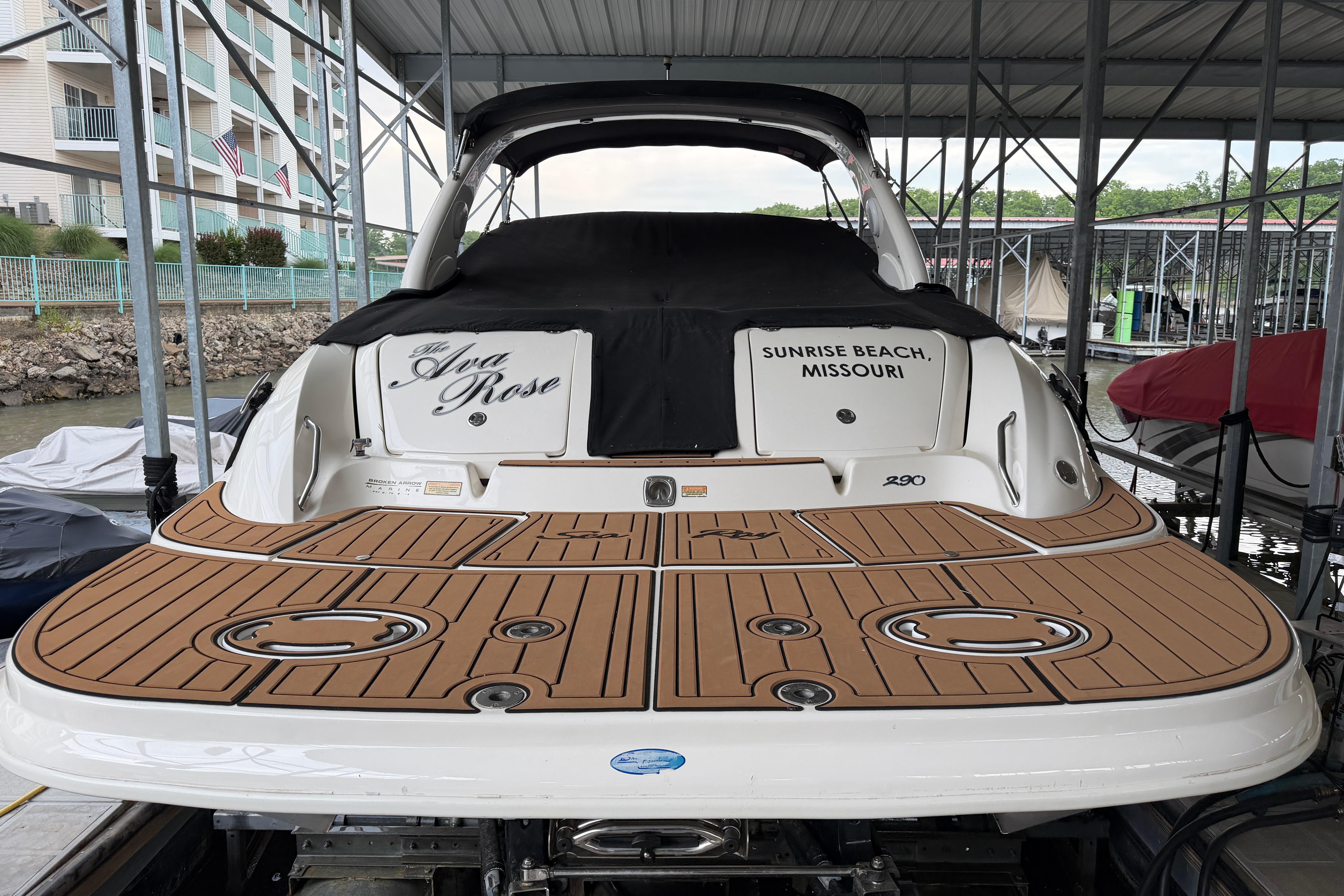 2003 Sea Ray 290 Bowrider docked at Sunrise Beach, Missouri marina.