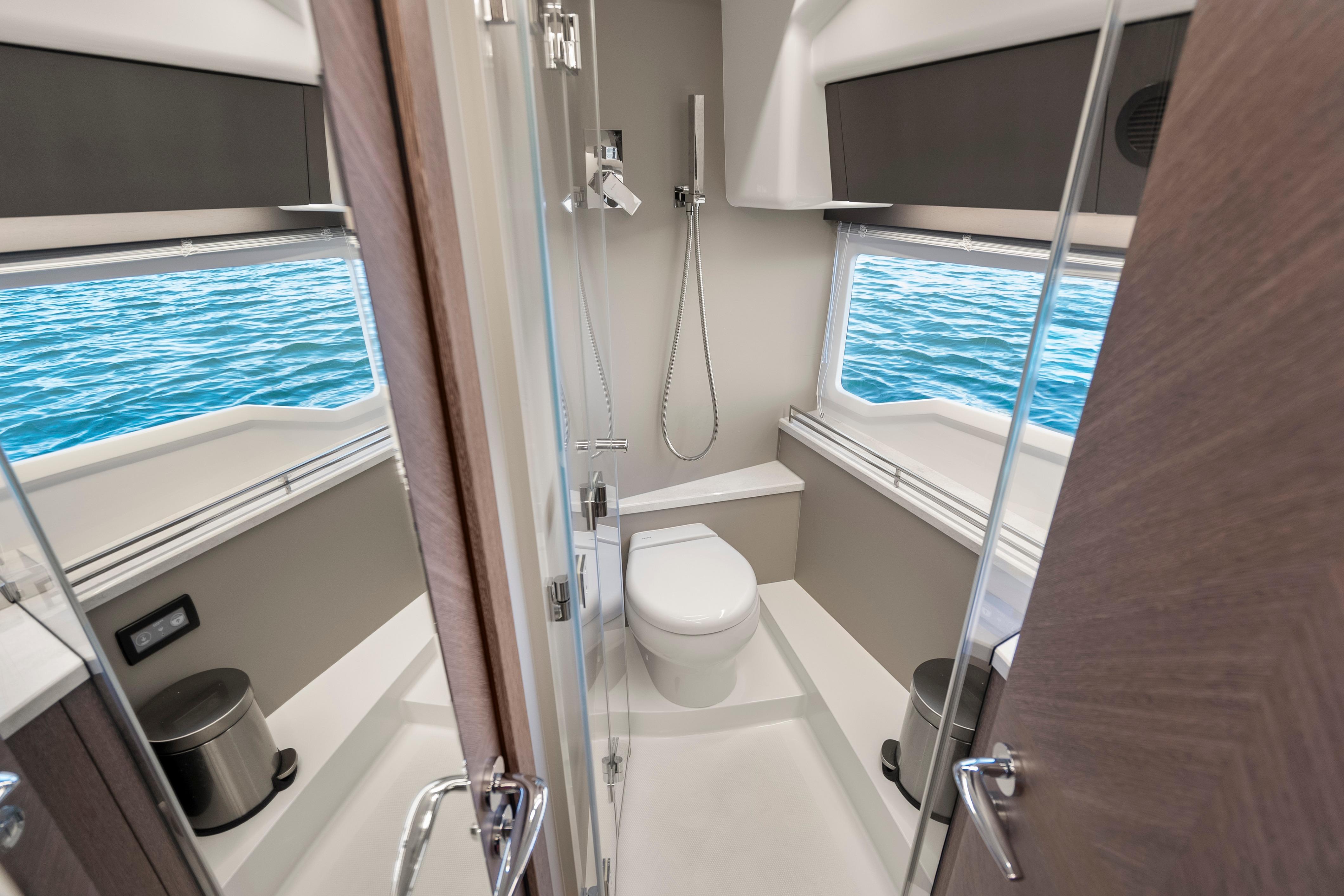 Modern bathroom interior on 2023 Galeon 400 Fly yacht with ocean view.