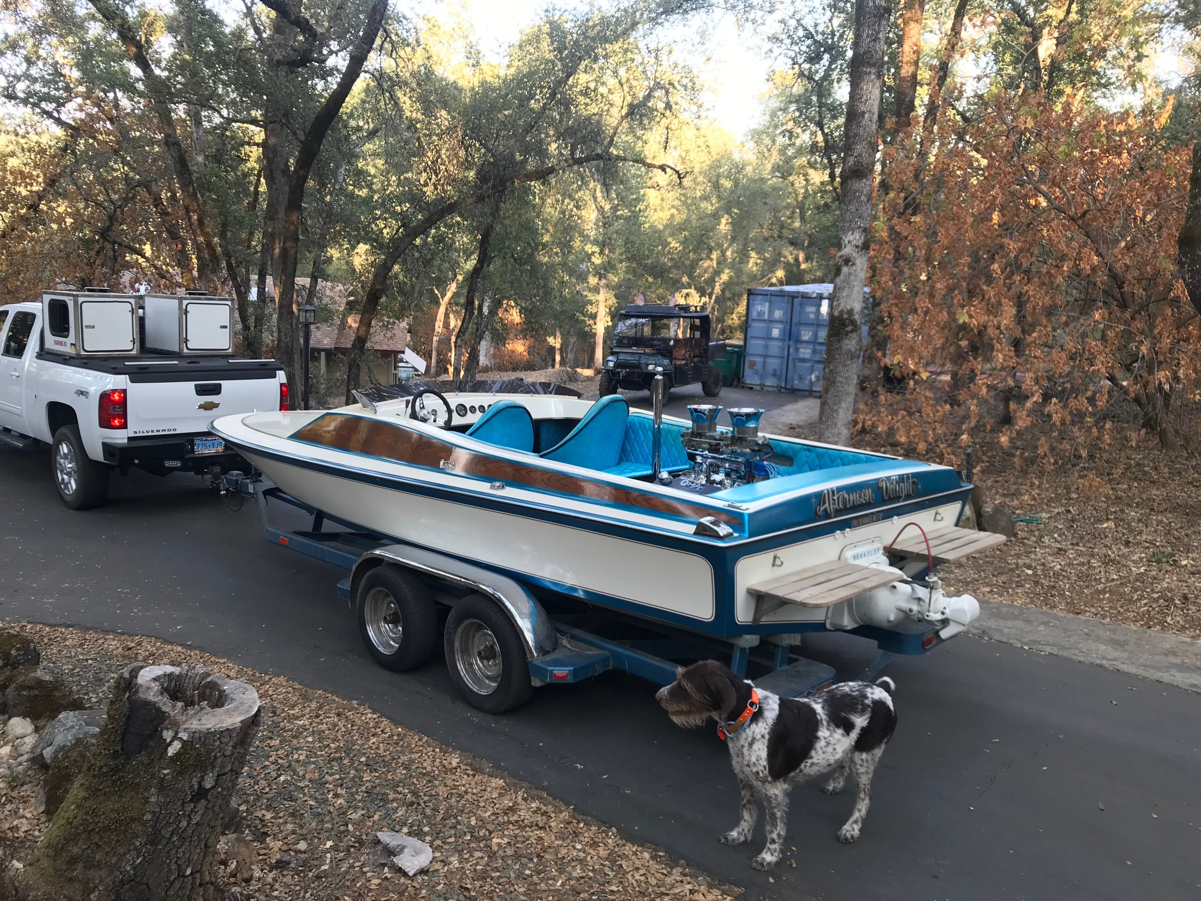 1976 Tahiti Day Cruiser on trailer with dog in forest.