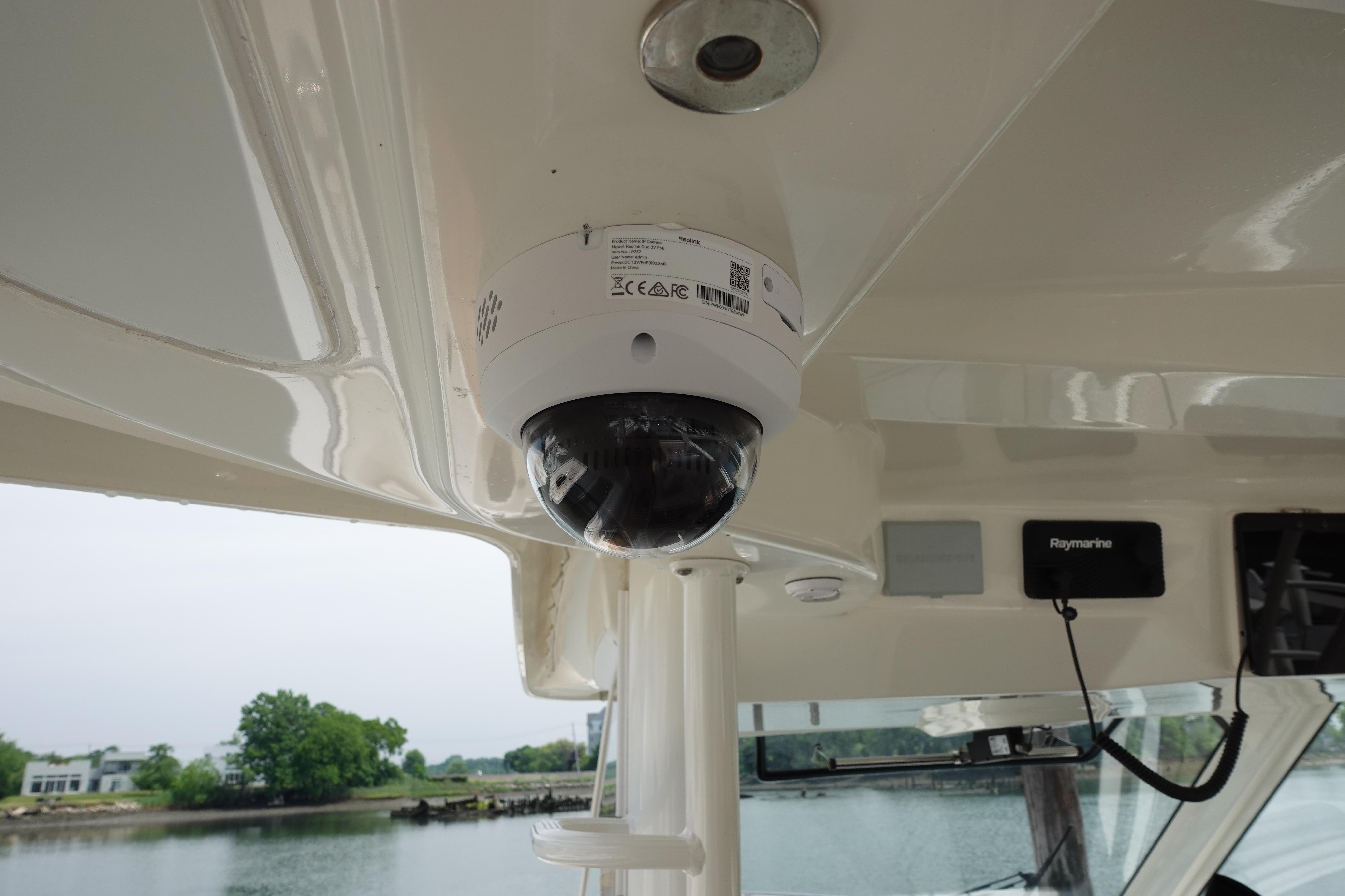 Security camera on 2020 Boston Whaler 420 Outrage boat, featuring Raymarine equipment.