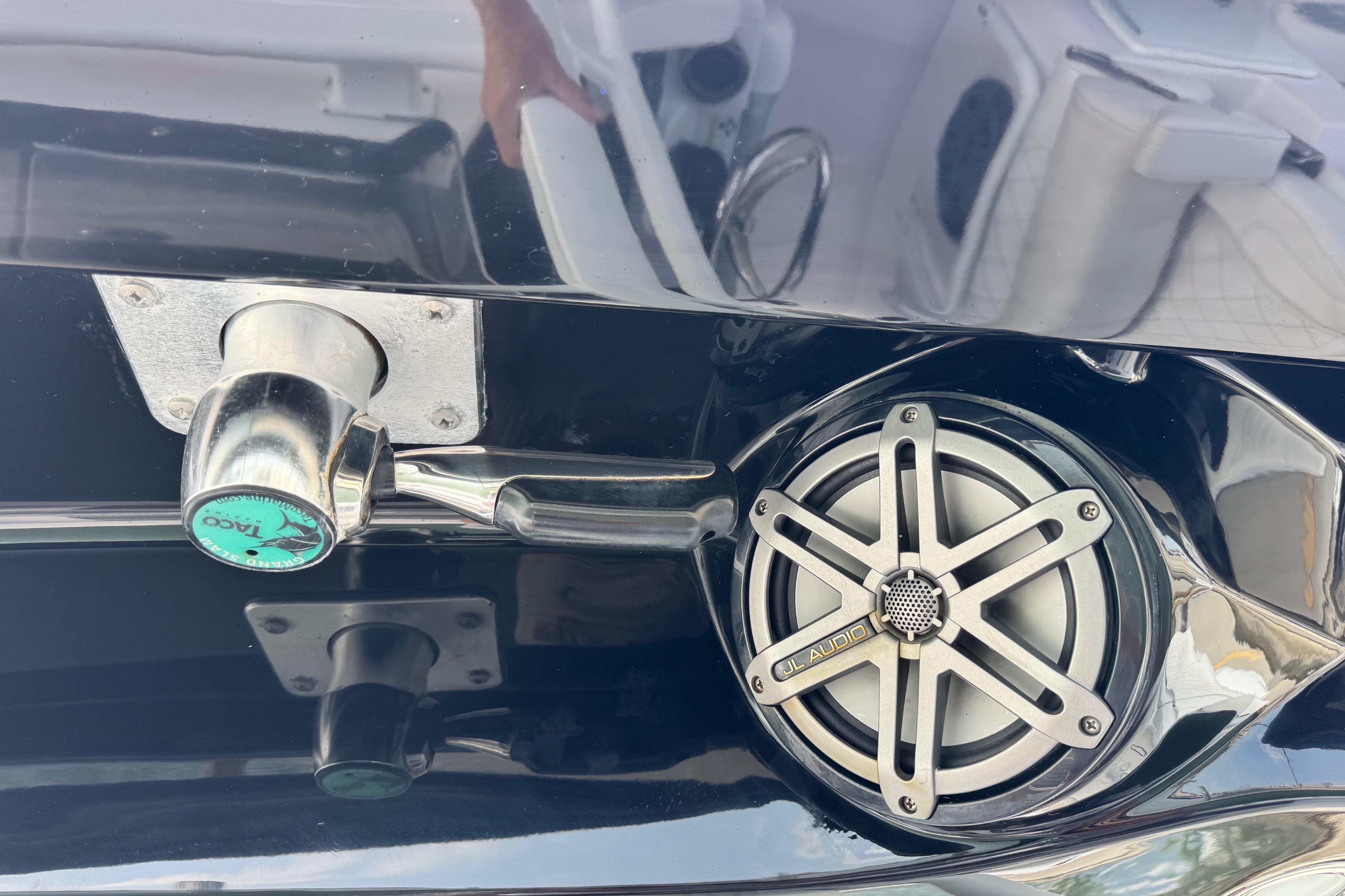 Close-up of 2018 Fountain 34 Center Console boat speaker and fitting.