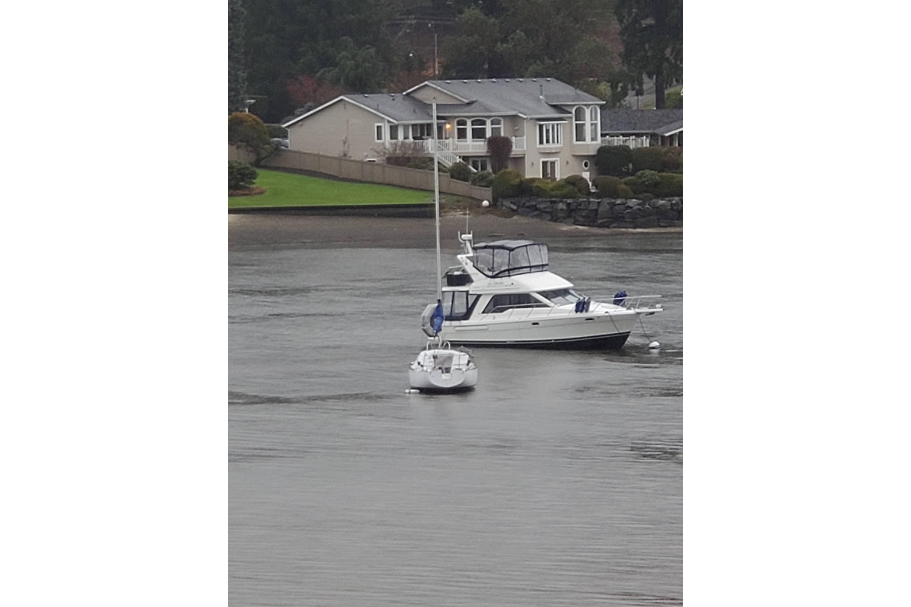 1998 Bayliner 3388 Command Bridge Motoryacht anchored near waterfront homes.