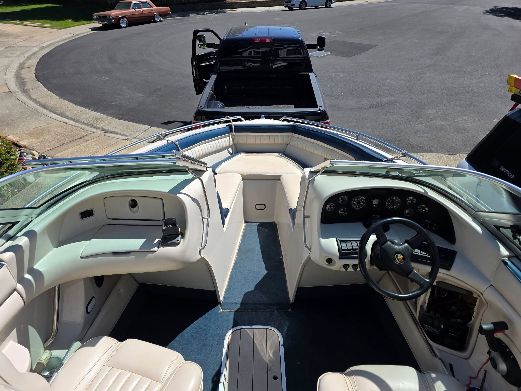 Interior view of a 1996 Mariah Talari boat on a trailer.