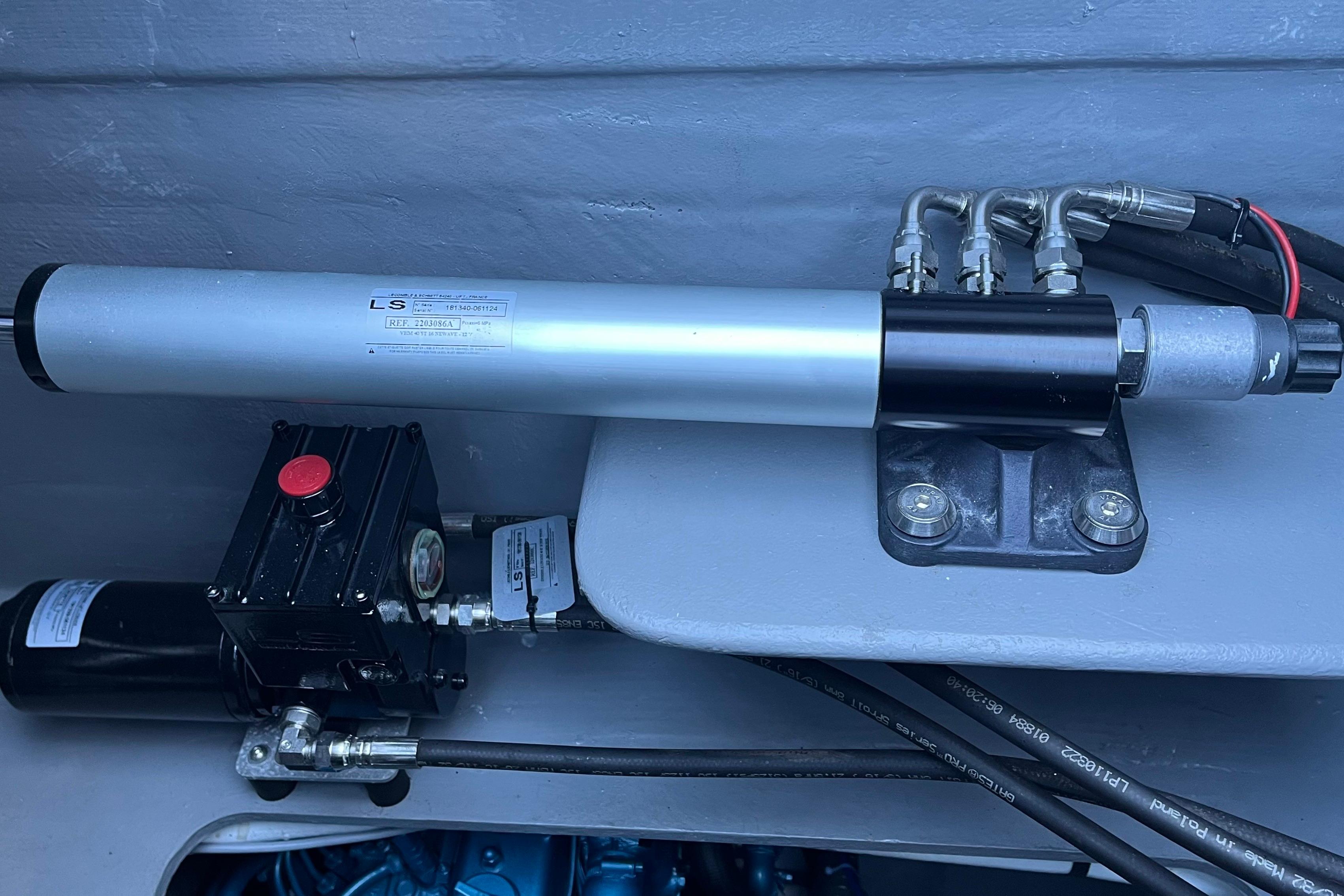 Hydraulic system components in 2024 Outremer 45 yacht engine compartment.