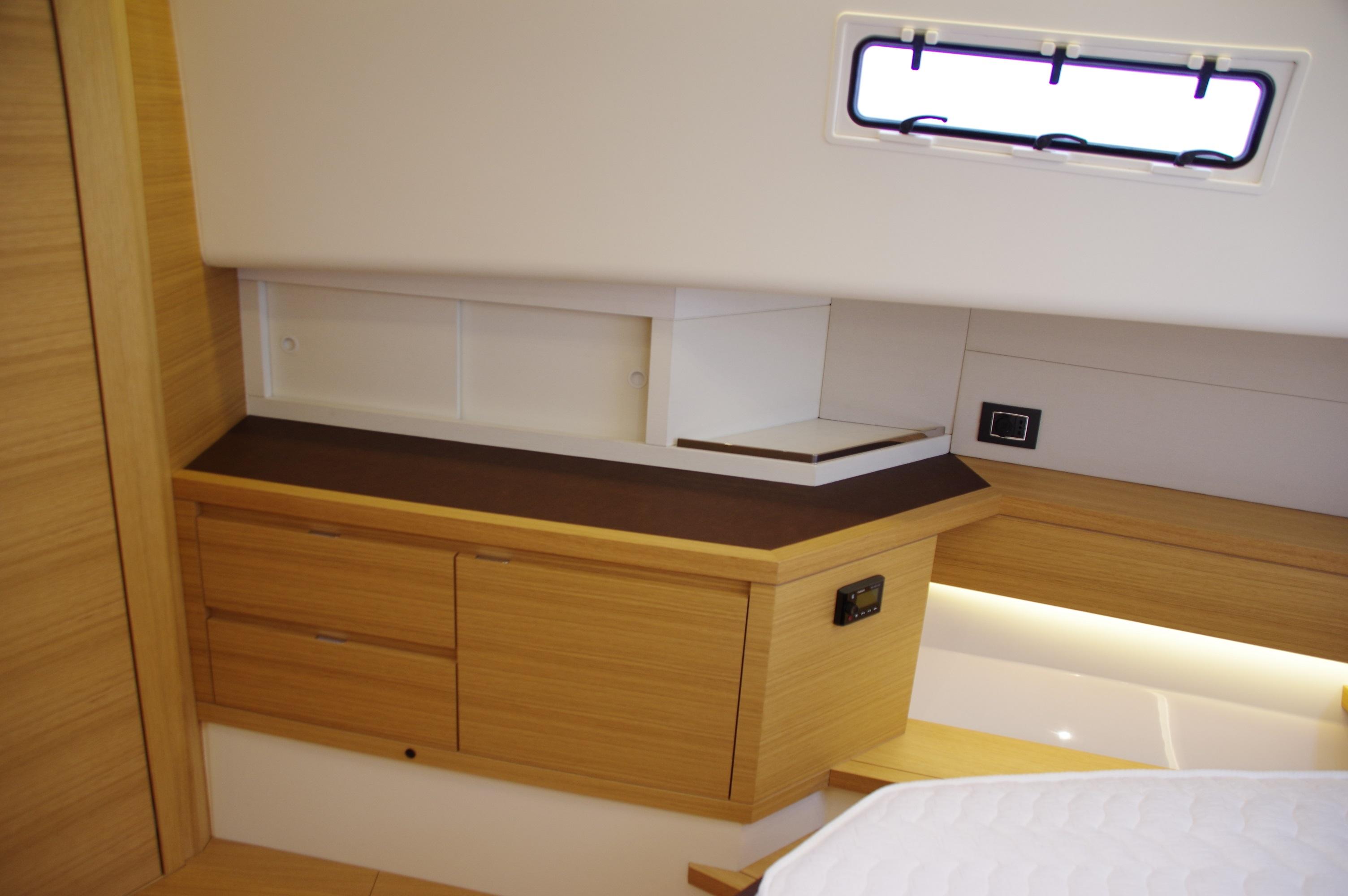 2025 Pardo Yachts 50 interior cabin with wooden cabinetry and modern design.