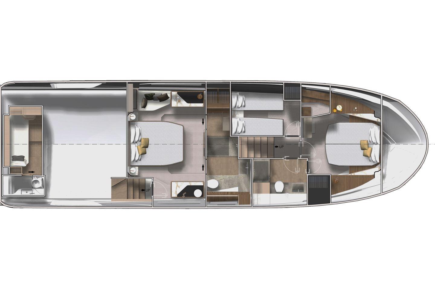Floor plan of the 2026 Prestige X60 yacht, showcasing luxurious cabin layout.