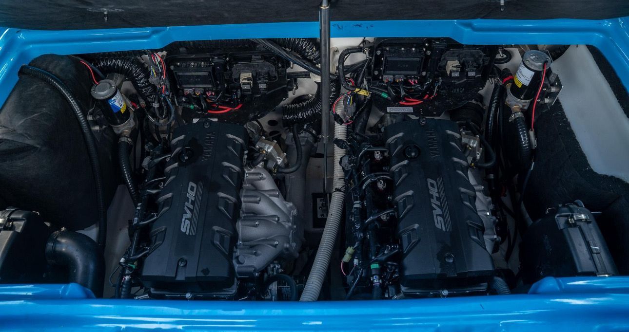 2023 Yamaha Boats 255XD engine compartment with dual SVHO engines.