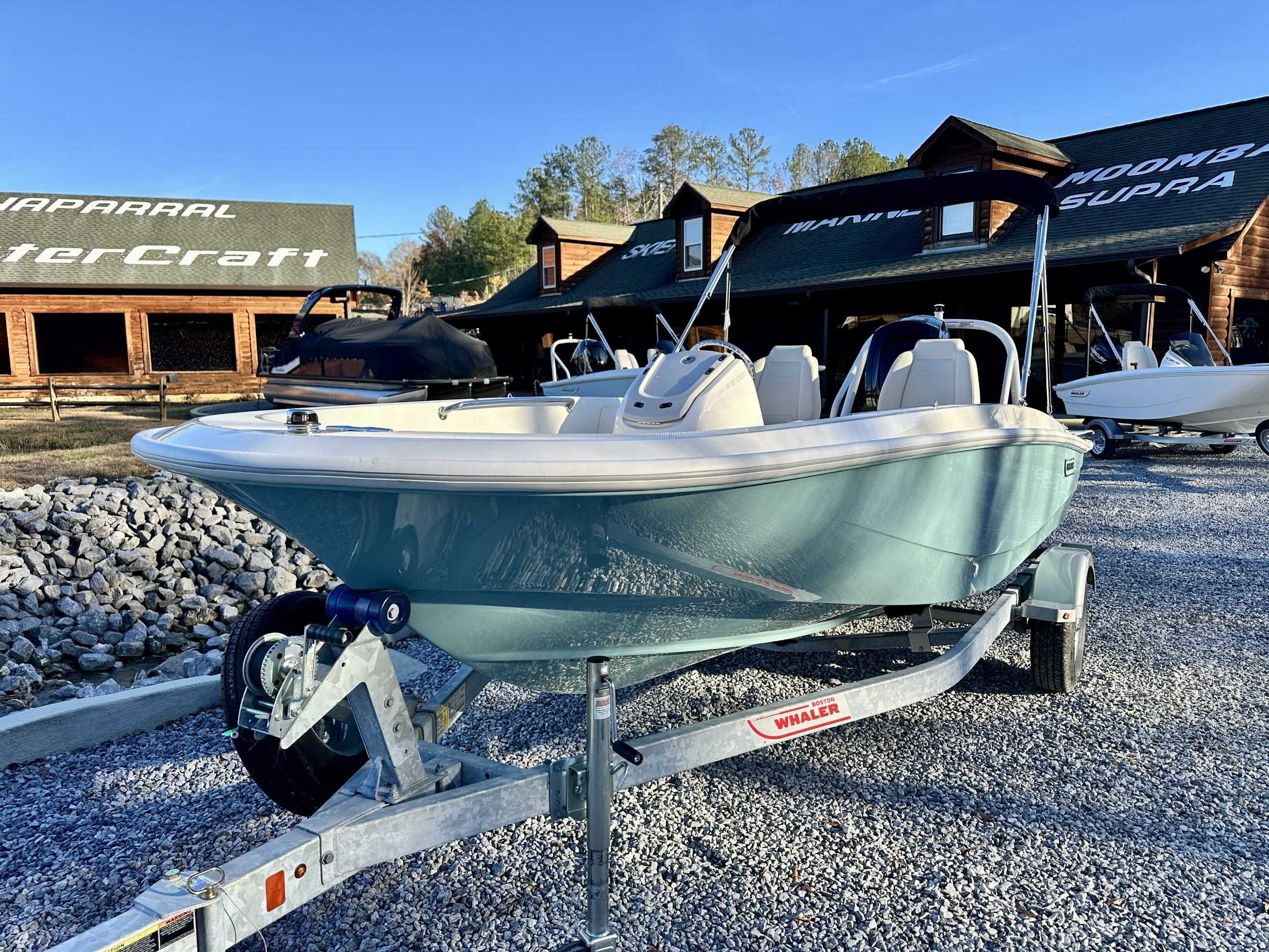 2025 Boston Whaler 160 Super Sport on trailer outdoors.