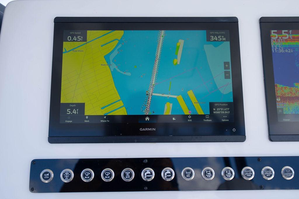 Garmin marine navigation display on 2027 Reef Runner 340 boat dashboard.