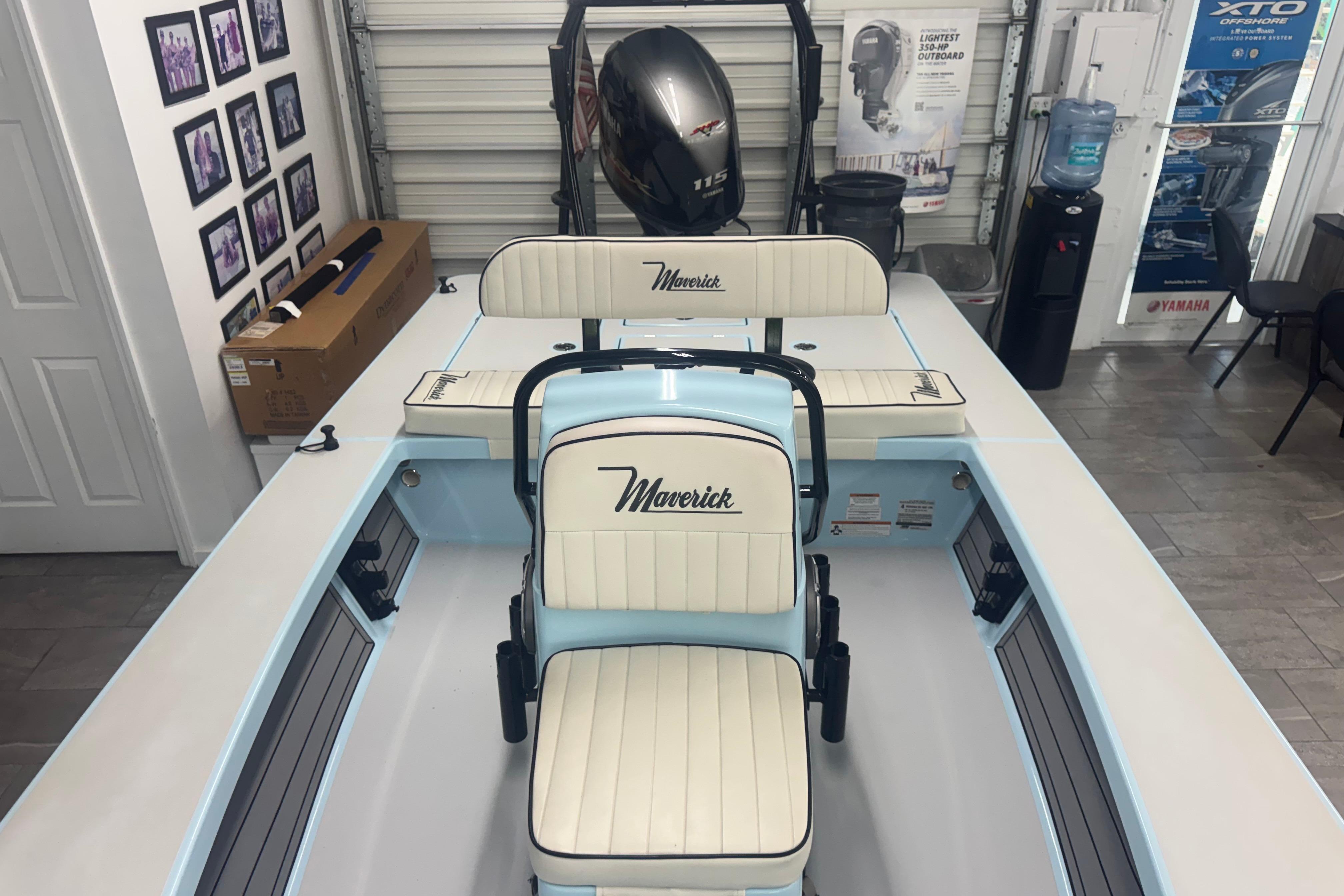 2020 Maverick Mirage 18 HPX-V boat interior with Yamaha outboard motor in showroom.