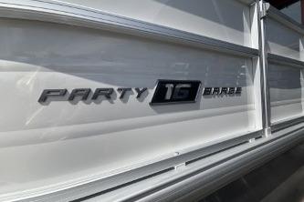 Sun Tracker Party Barge 16 DLX 2026 logo on boat hull.