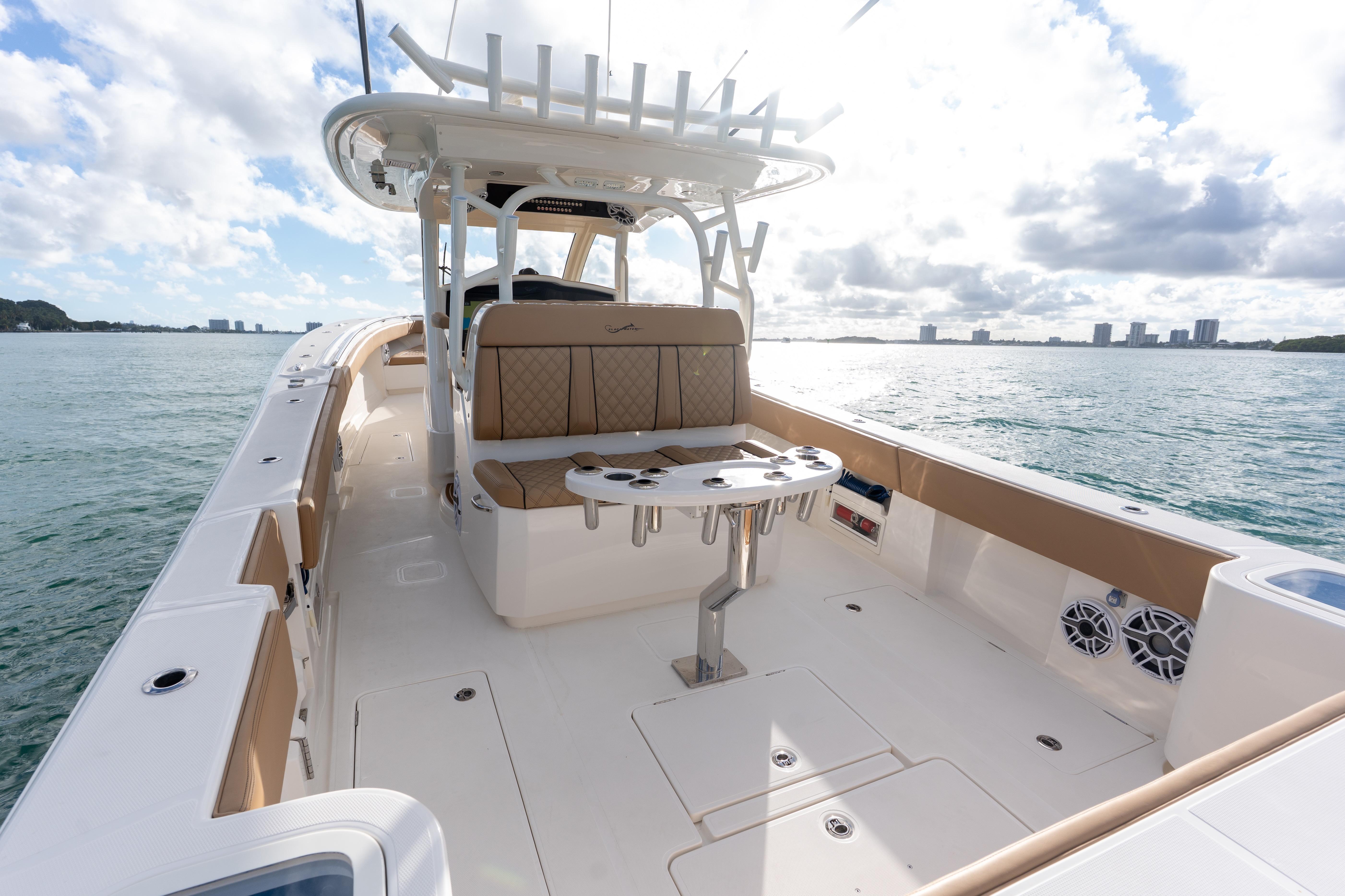 2026 Blackwater 41 Performance Fish boat interior with seating and ocean view.