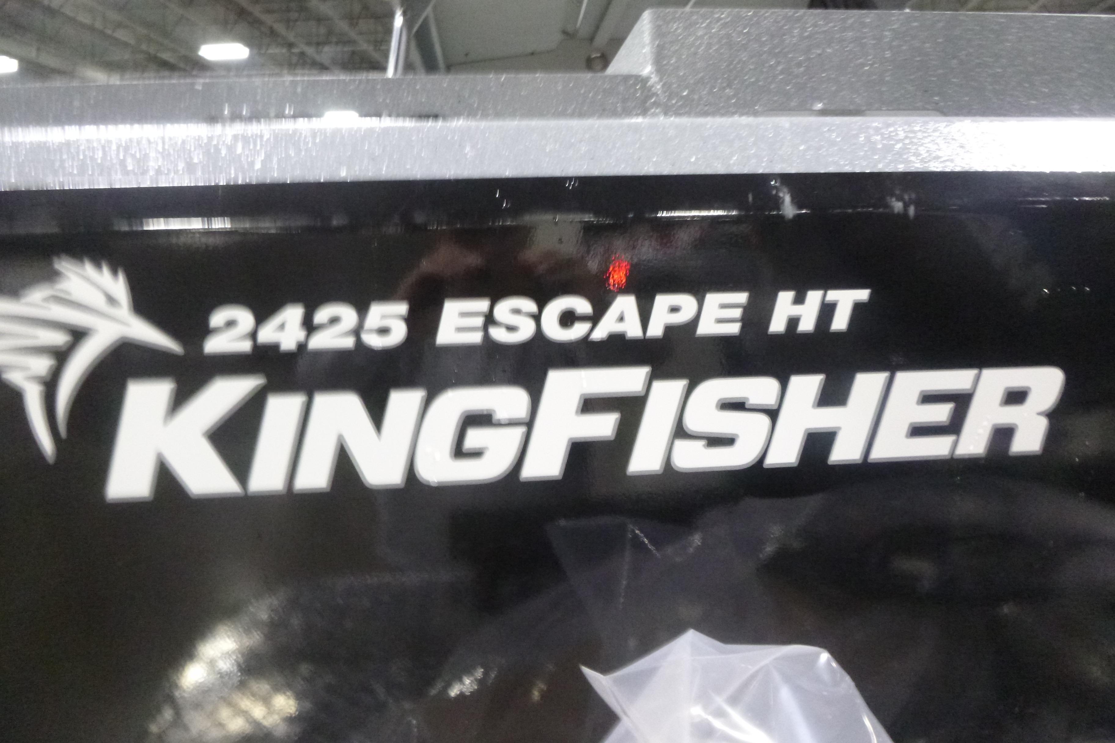 2026 KingFisher 2425 Escape HT boat logo in a showroom setting.