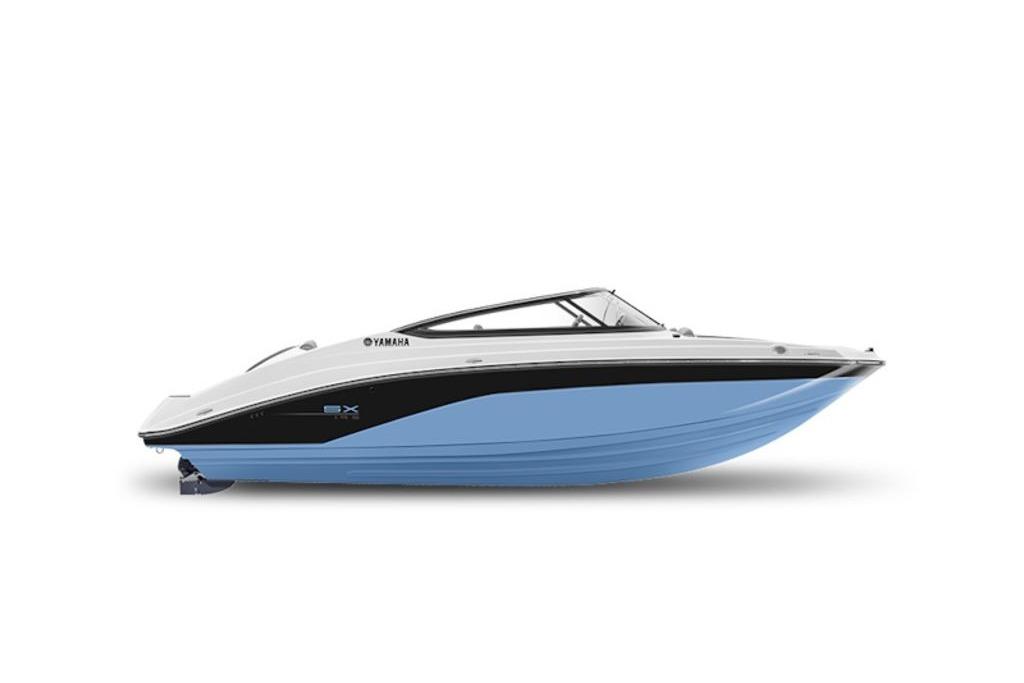 2026 Yamaha Boats SX195, sleek design, side view, blue and white color scheme.