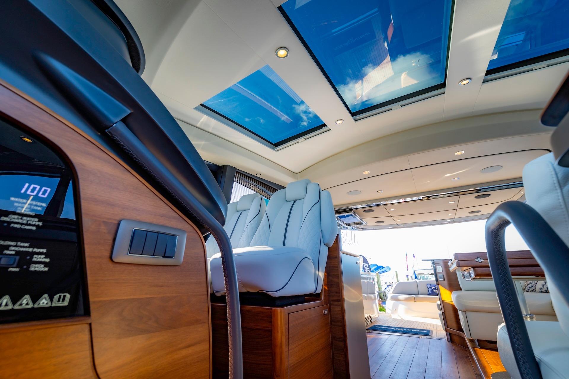 Interior of 2026 Princess V55 Express yacht with panoramic sunroof.