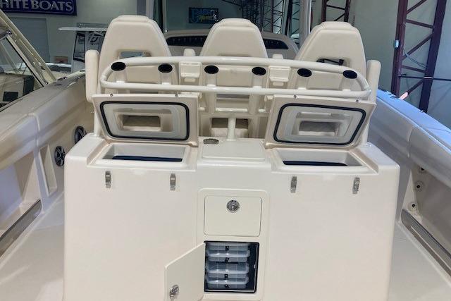 2026 Grady-White Canyon 336 boat interior with seating and storage compartments.