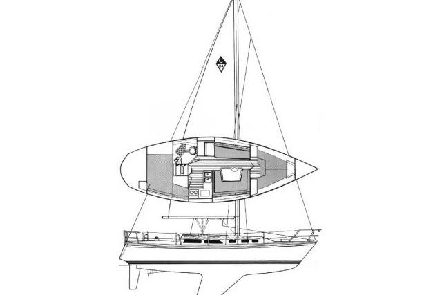 Line drawing of a 1989 Catalina 34 sailboat with interior layout.