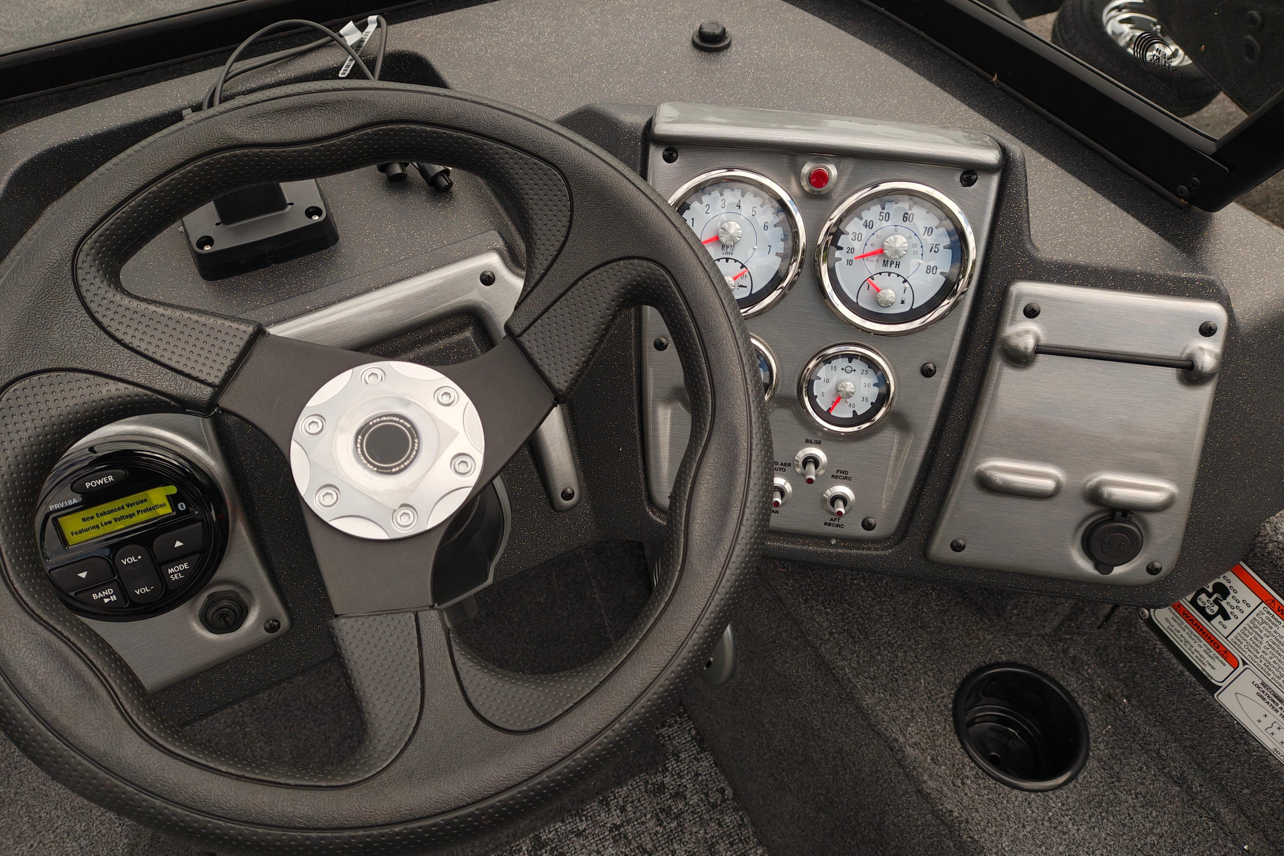 Steering wheel and dashboard of 2026 Tracker Pro Guide V-175 WT boat.