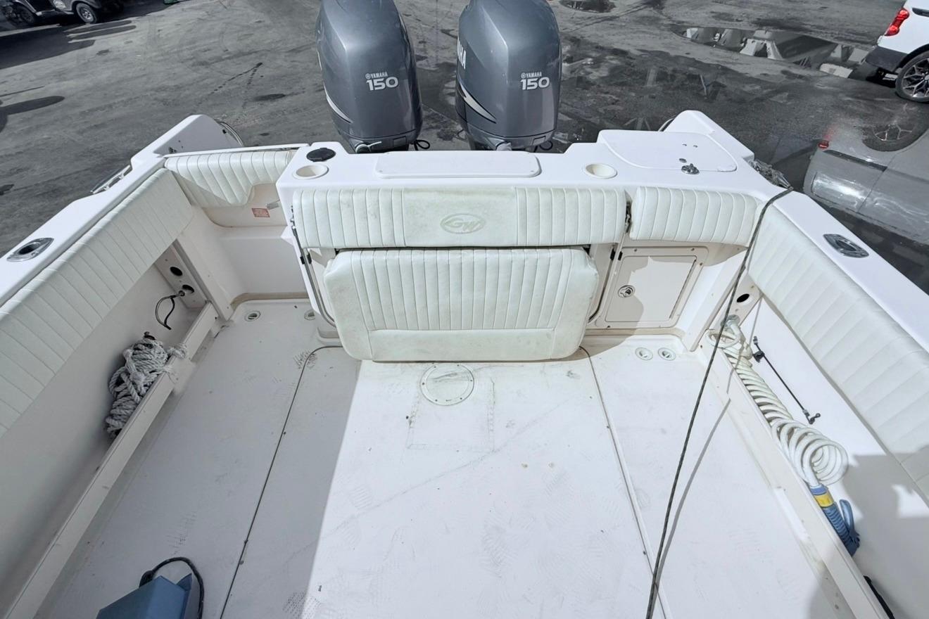 2005 Grady-White Journey 258 boat deck with twin Yamaha 150 engines.