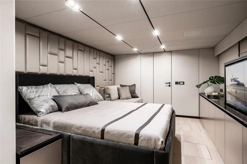 Luxurious bedroom interior of 2026 Sunreef 80 Sunreef Power yacht, featuring modern design and elegant decor.