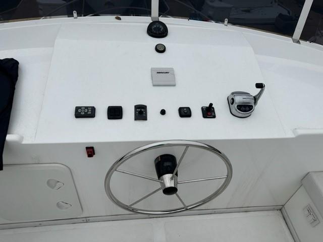 Bracewell 41 boat helm with steering wheel and control panel, 2025 model.