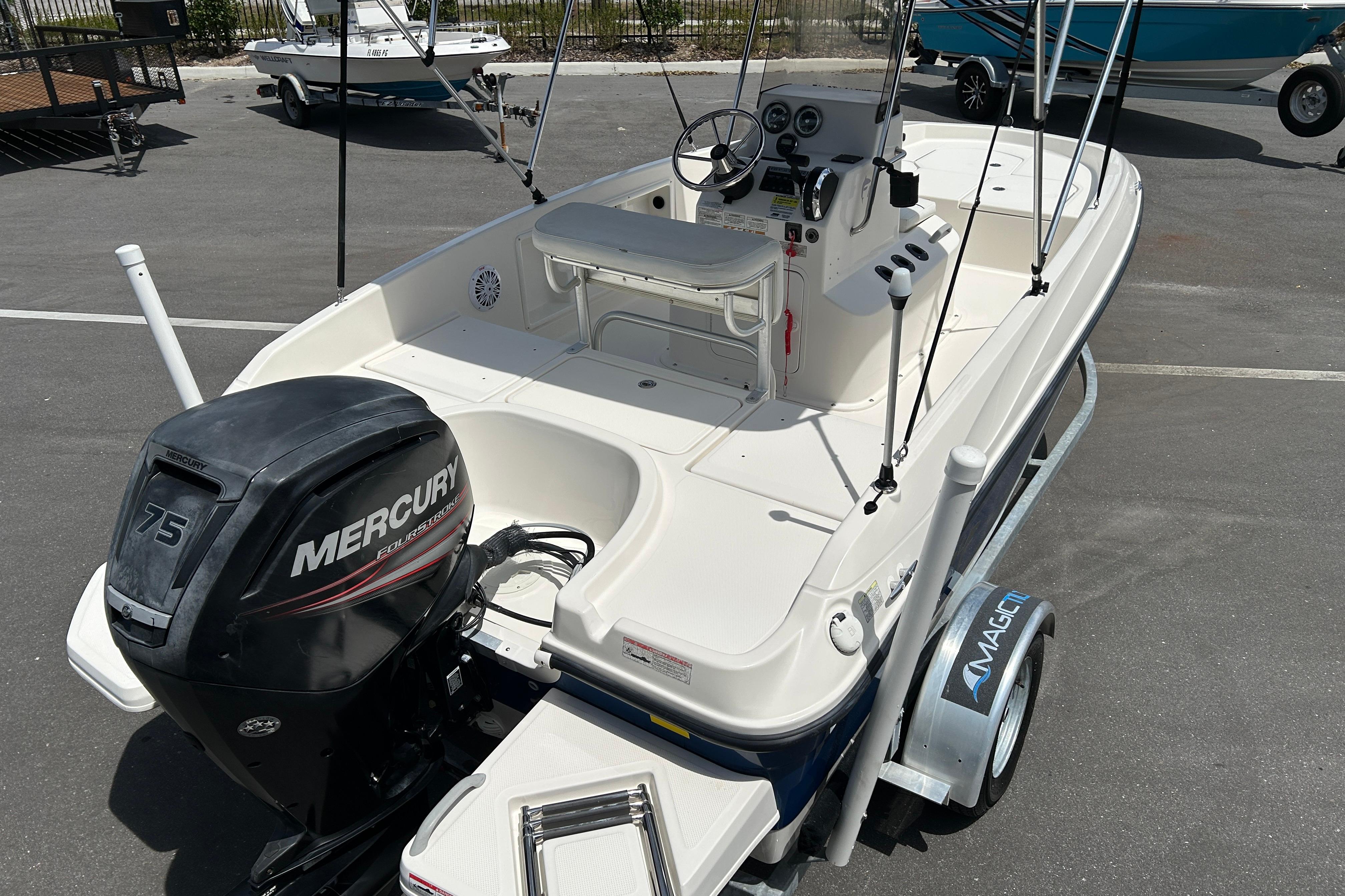2018 Bayliner Element F16 boat with Mercury 75 engine on trailer.