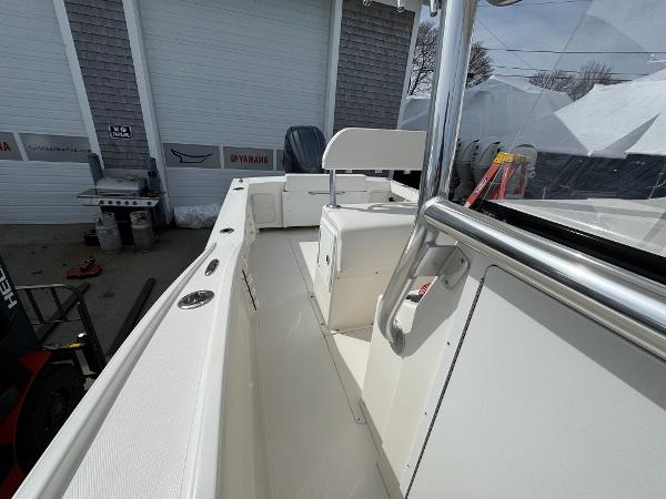 2025 NorthCoast 230 Center Console boat interior, featuring sleek white design and modern amenities.