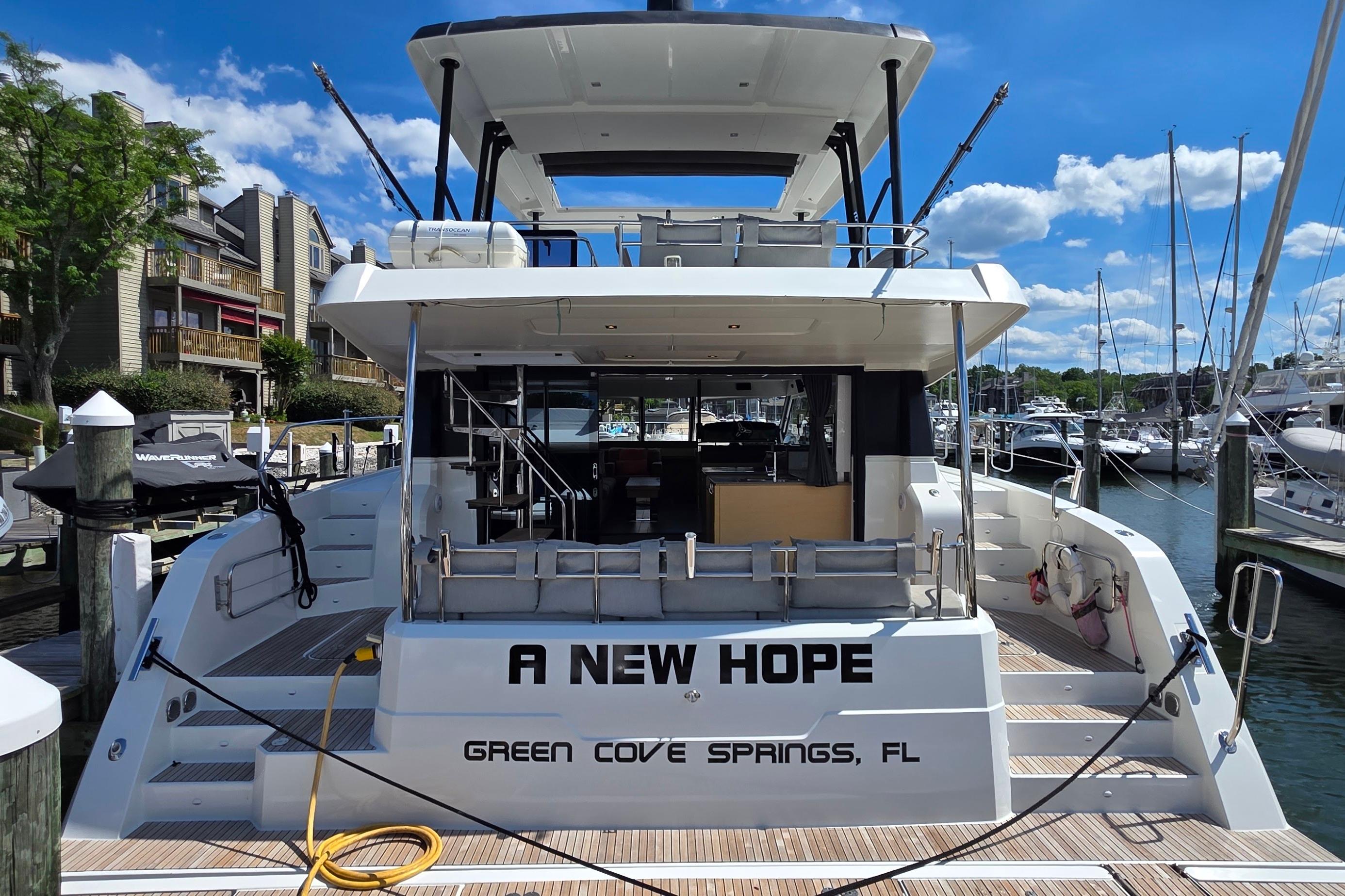 2018 Fountaine Pajot Motor Yacht 44 docked, named "A New Hope," in Green Cove Springs, FL.