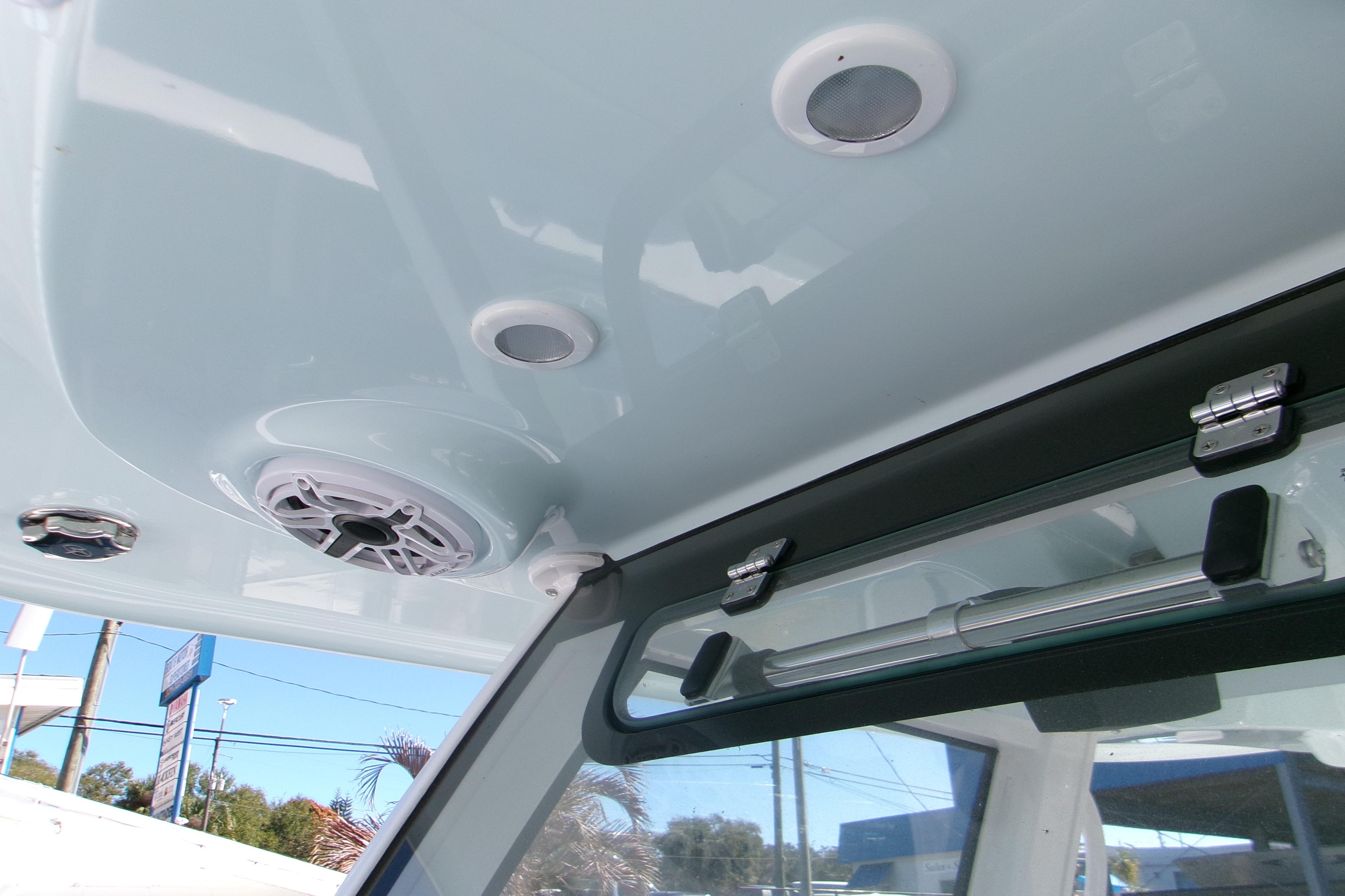 2026 Sportsman Heritage 321 Center Console interior ceiling with speakers and hatch.