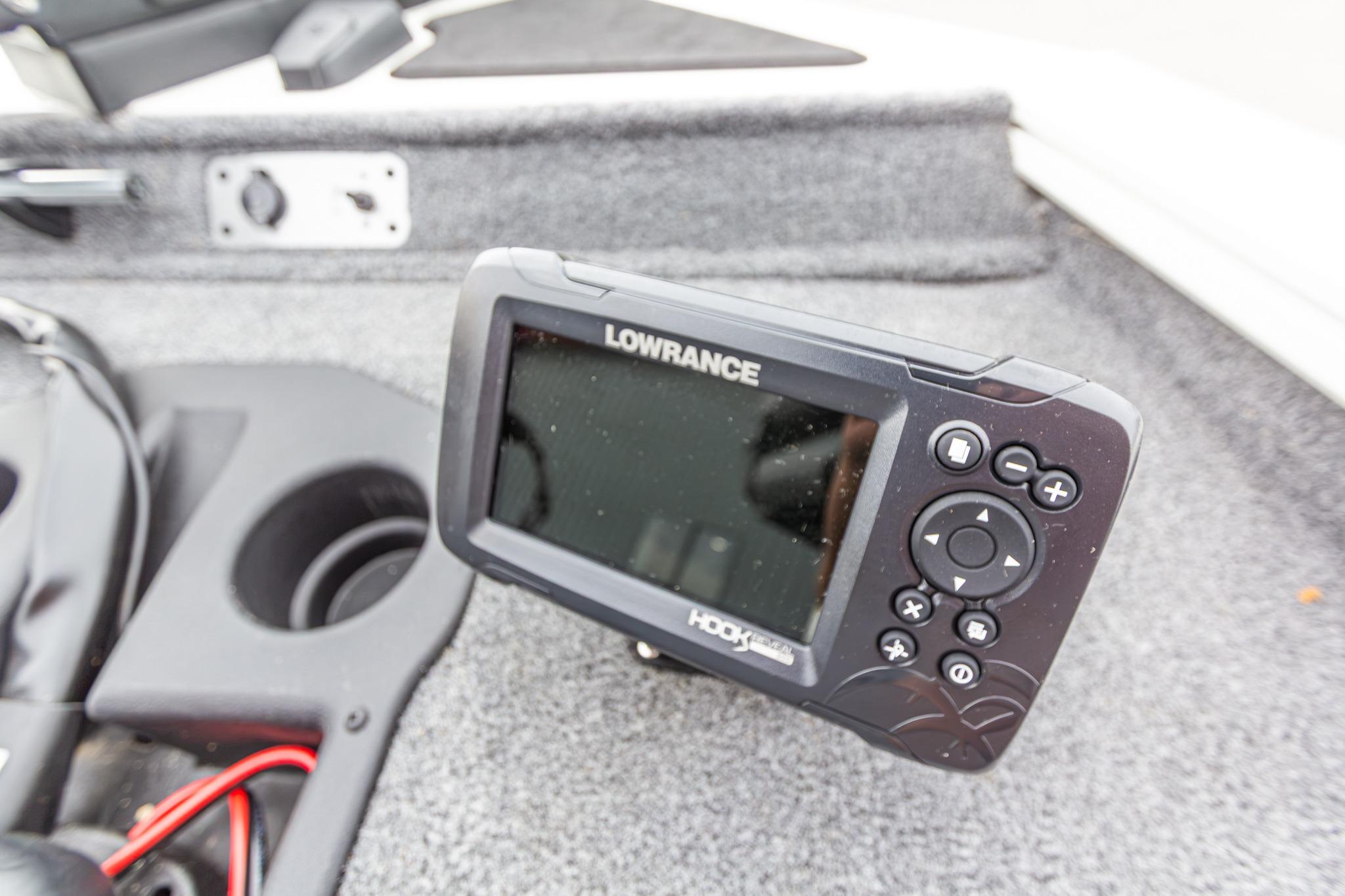 Fishfinder on 2023 Tracker Pro Team 190 TX boat dashboard, featuring Lowrance Hook technology.