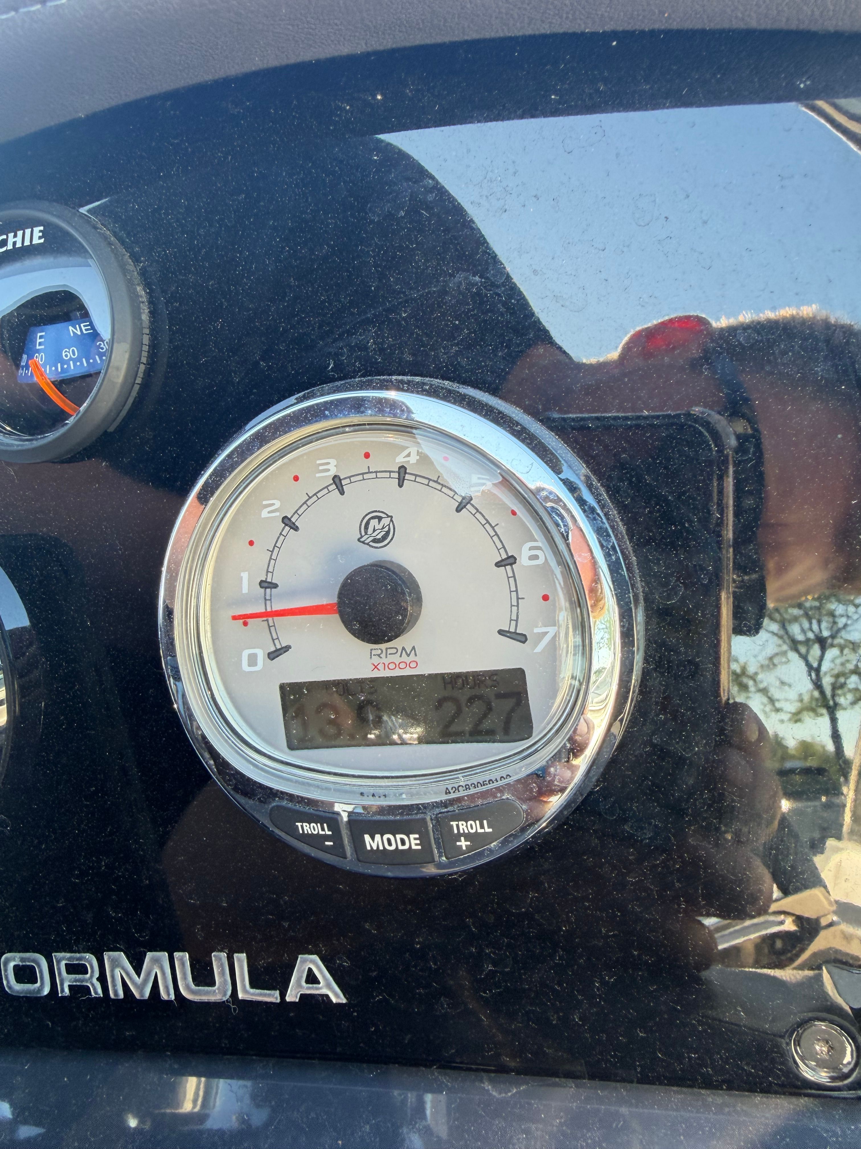 Tachometer of a 2019 Formula 240 boat, displaying 227 hours.