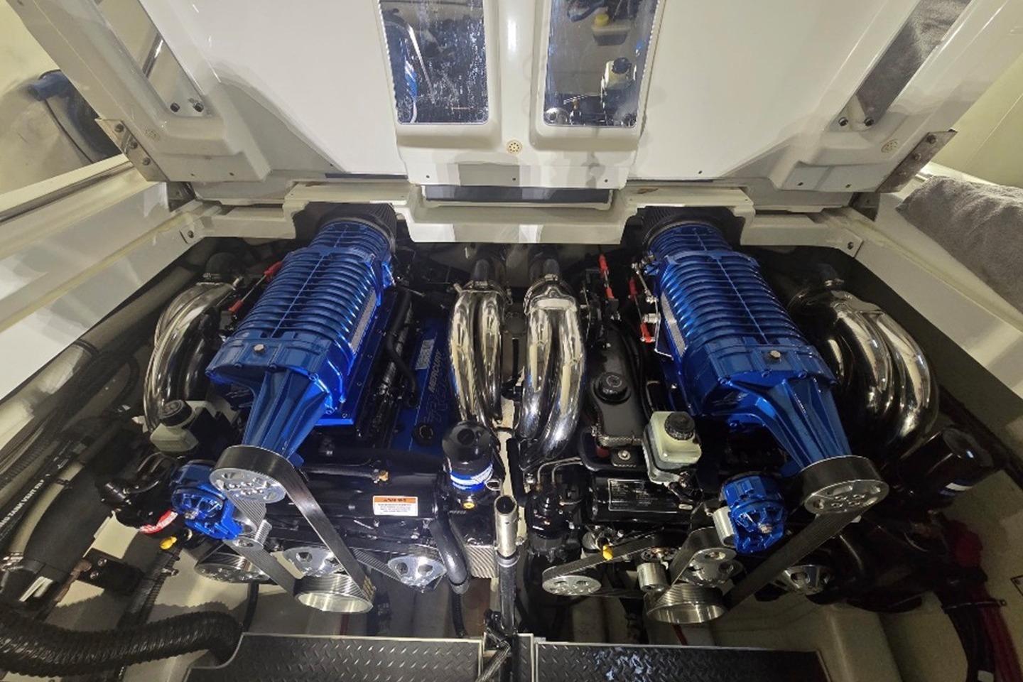2019 Formula 382 FASTech engine compartment with dual blue supercharged engines.