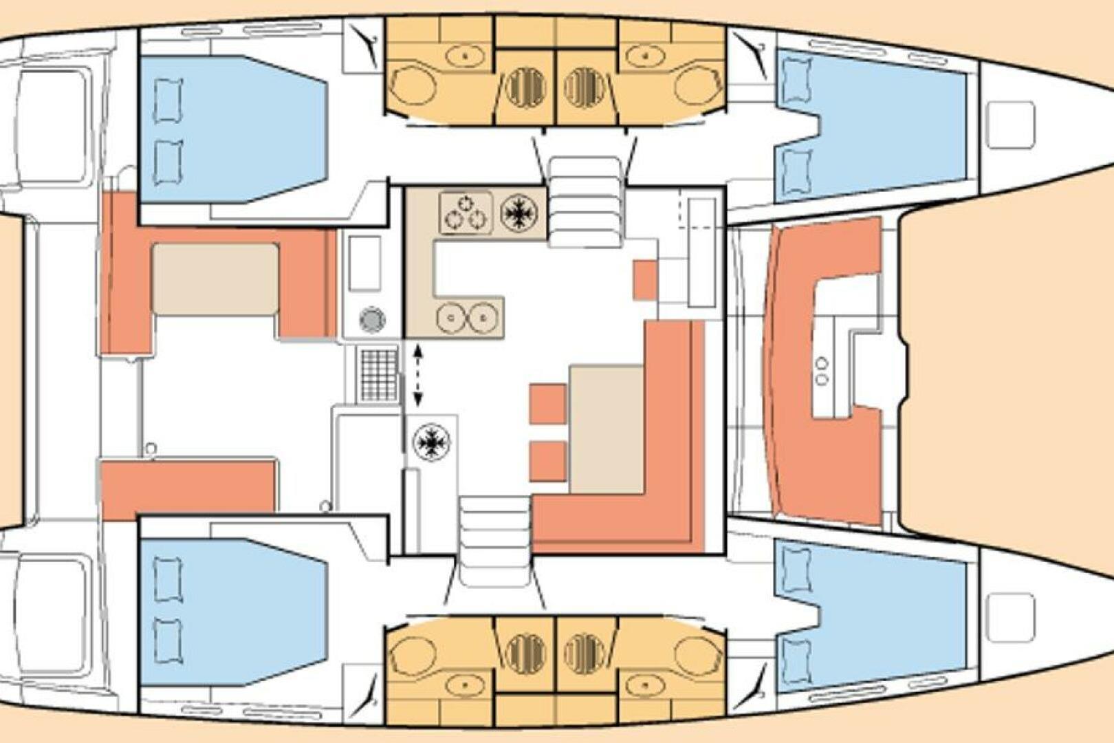 Floor plan of a 2016 Lagoon 450 catamaran, featuring cabins and living areas.
