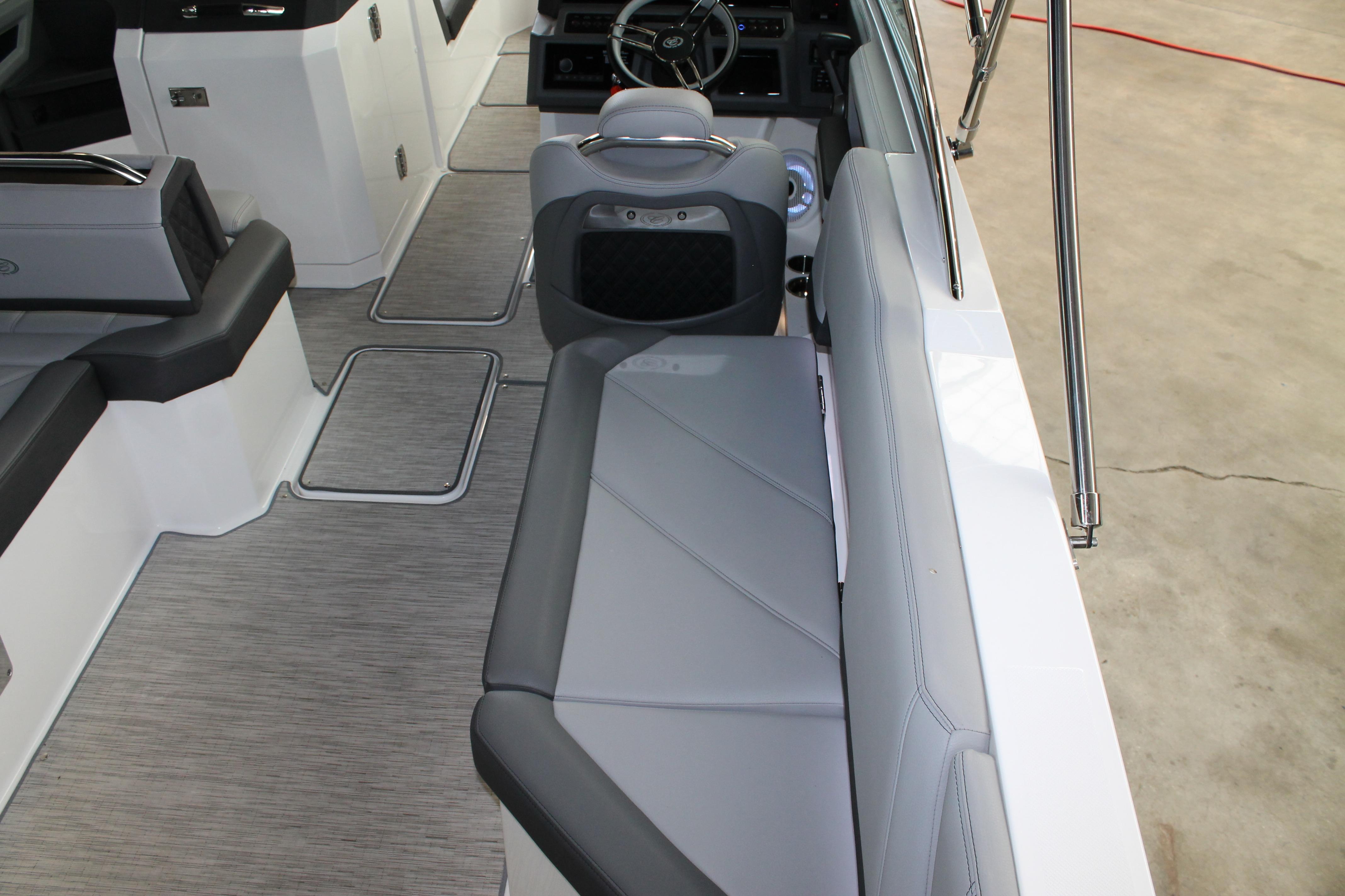 Interior of 2023 Cobalt R8 boat with sleek seating and modern design.