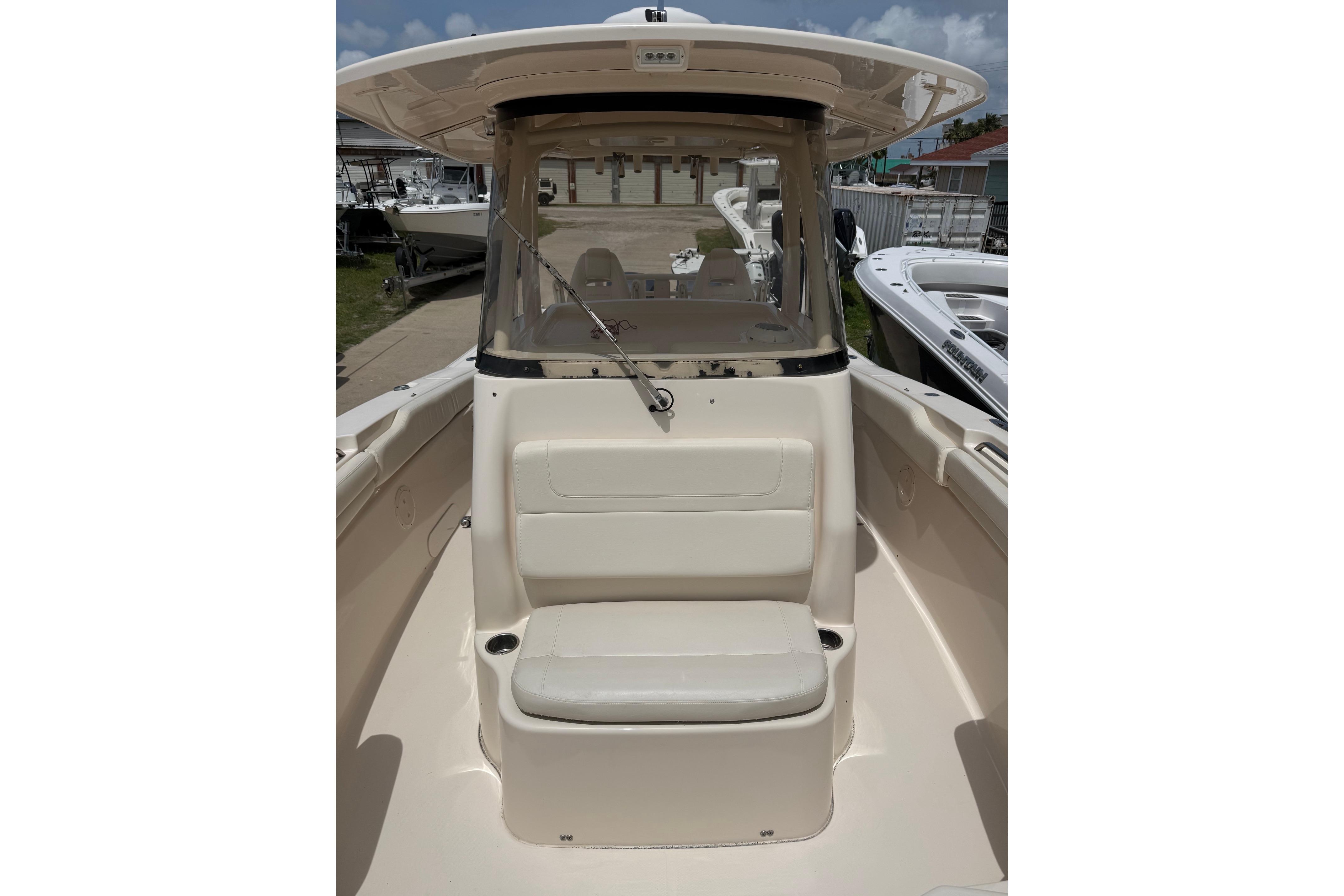 2018 Grady-White Canyon 306 boat interior with seating and helm station.