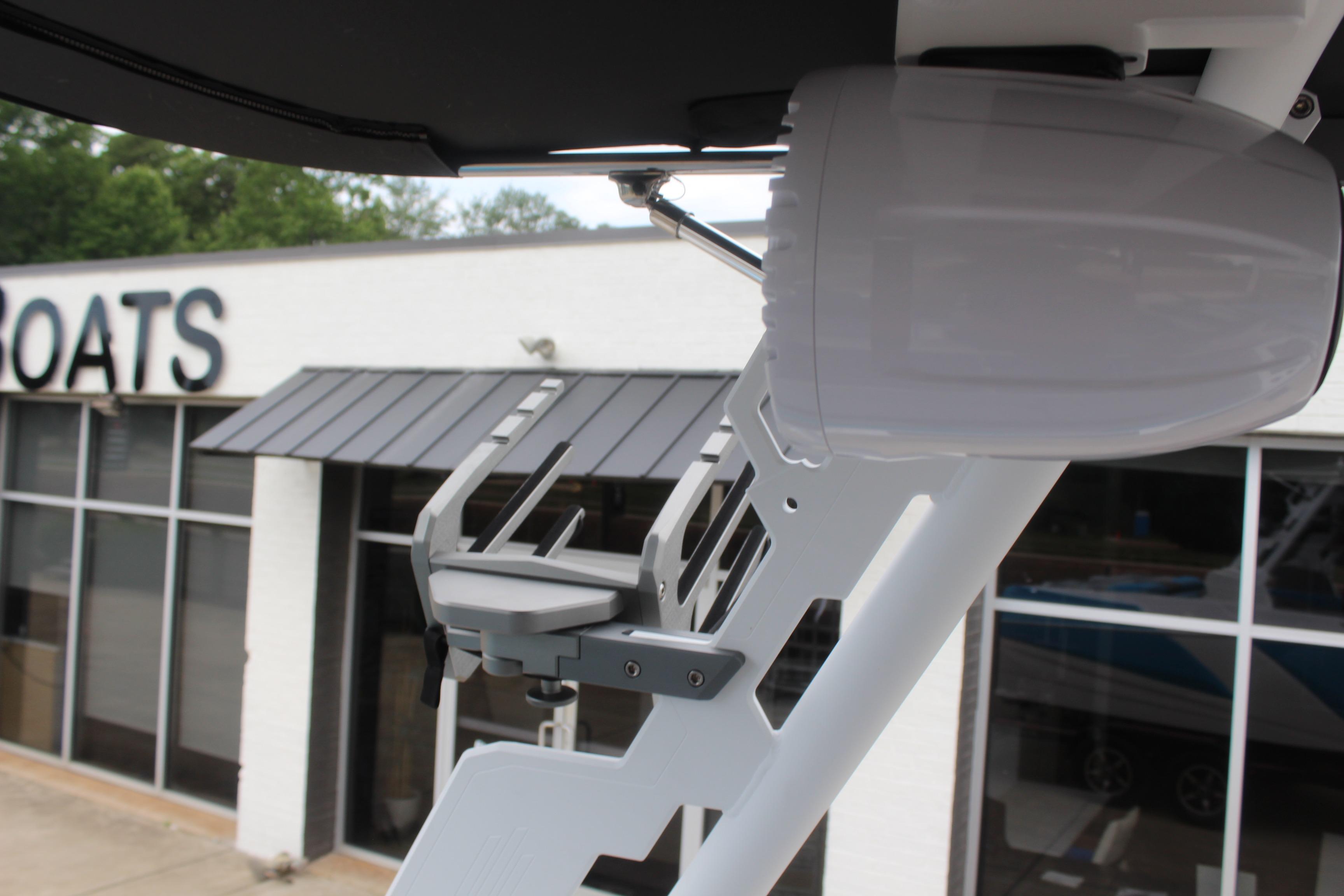 2026 ATX Surf Boats 22 Type-S speaker and rack detail at dealership.