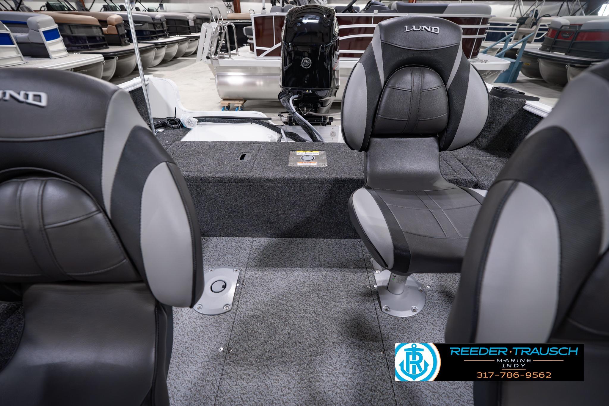 2026 Lund 1650 Rebel XL SS boat interior with black and gray seating.