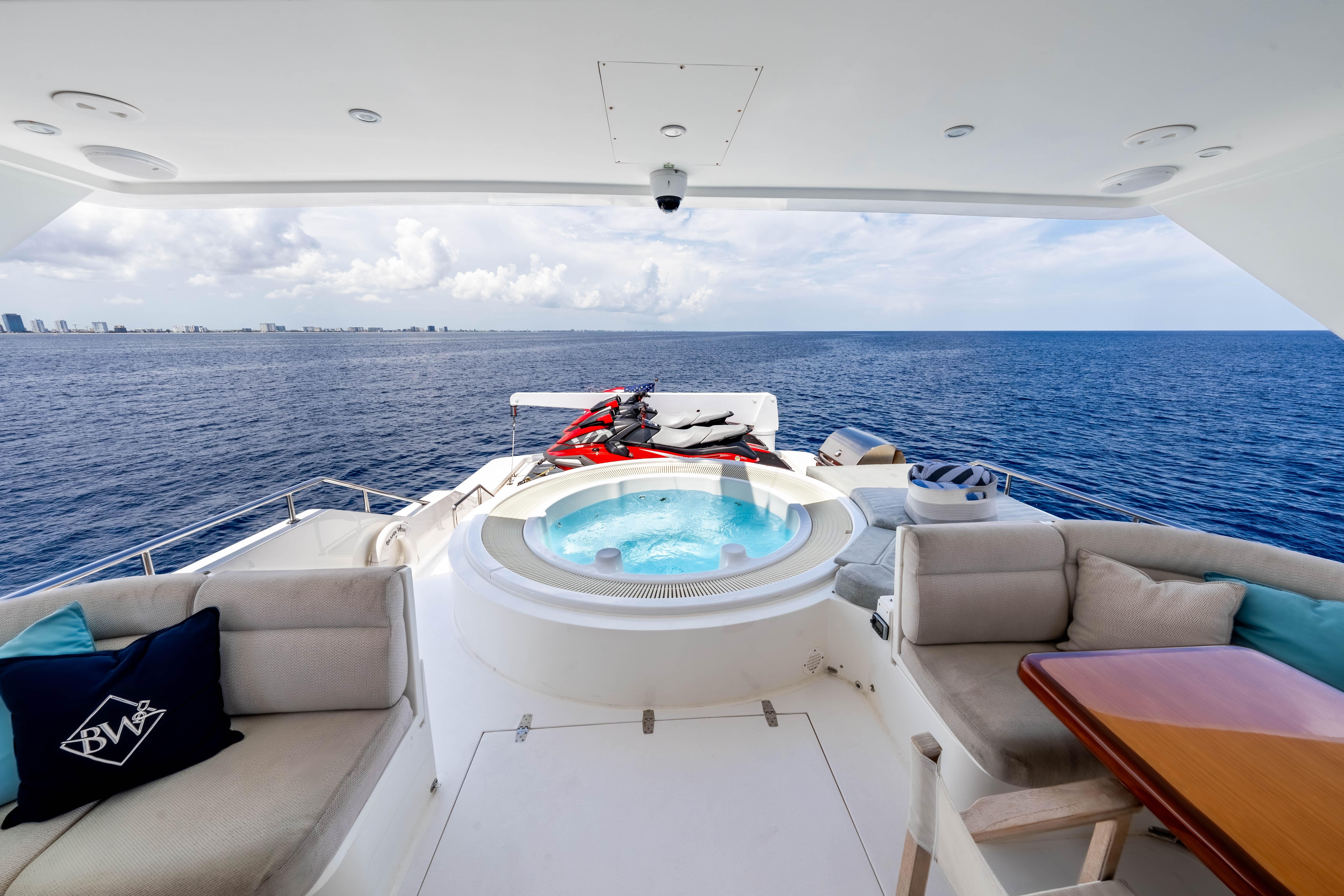 Luxurious 2009 Hargrave Raised Pilothouse yacht with jacuzzi and ocean view.