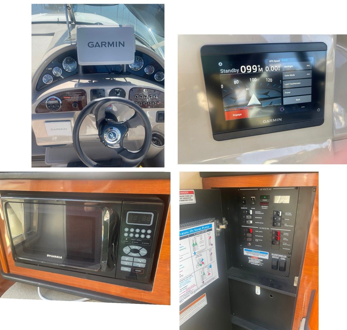 2006 Sea Ray 270 Amberjack interior featuring Garmin and Sylvania equipment.