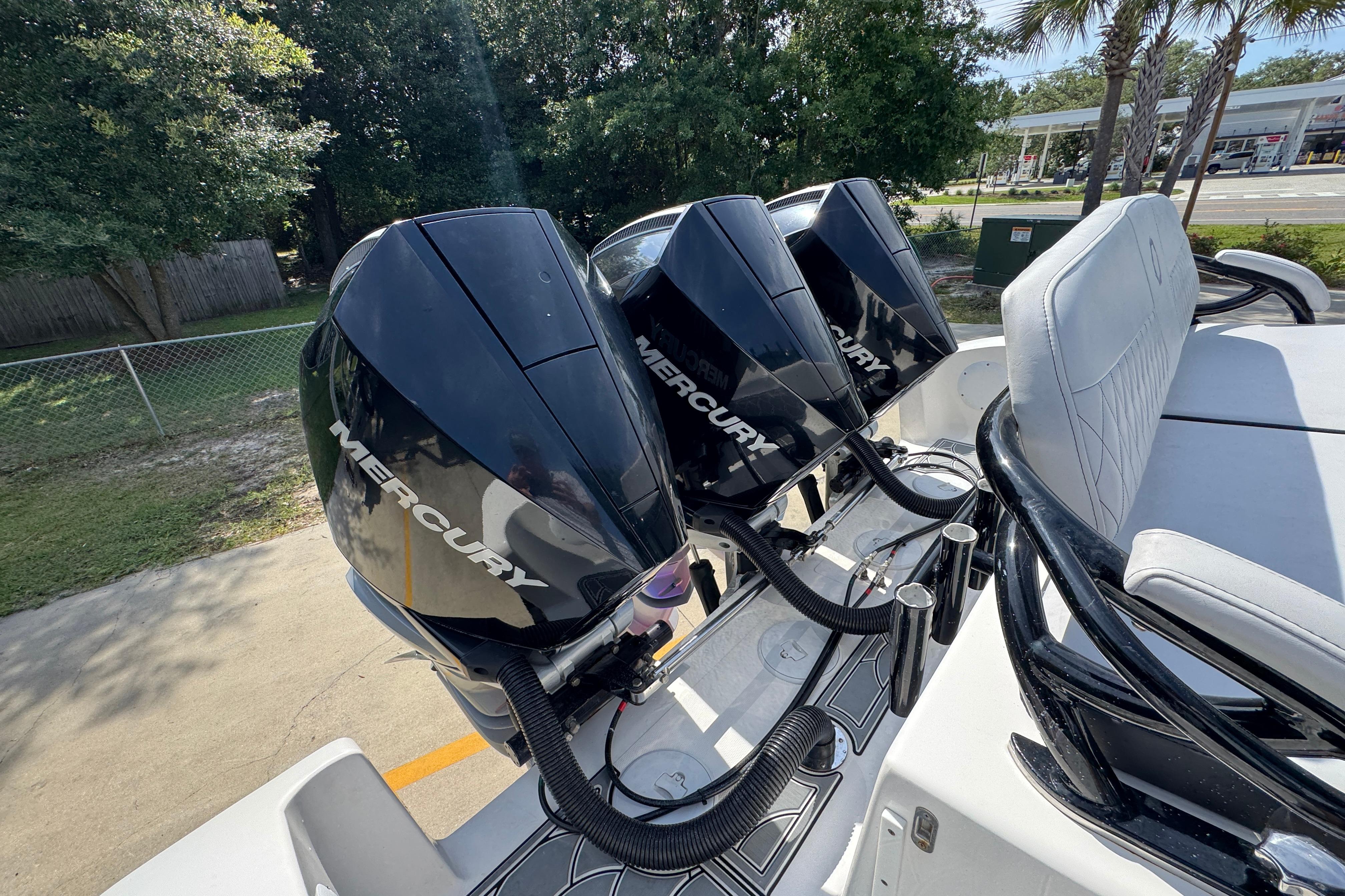 Triple Mercury engines on a 2023 Fountain 34 Tournament Edition boat.