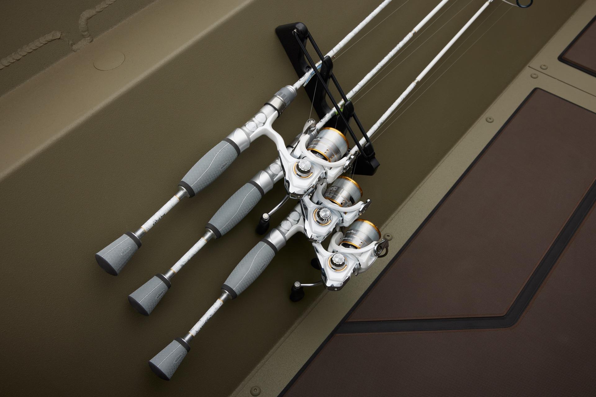 Fishing rods on 2025 Tracker Grizzly 2072 CC boat deck, neatly arranged and secured.
