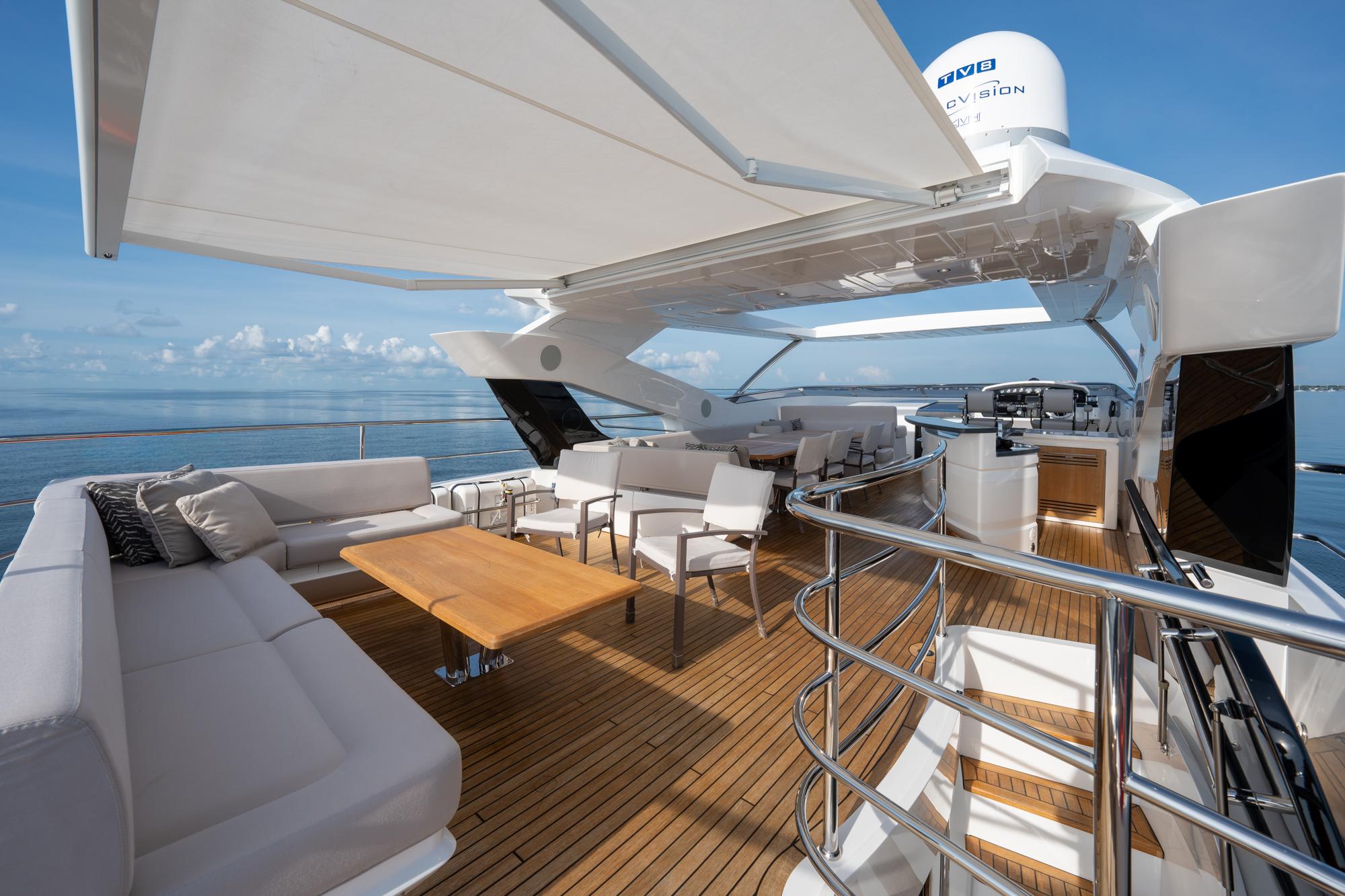 Luxurious 2021 Sunseeker 95 Yacht with spacious deck and modern amenities.