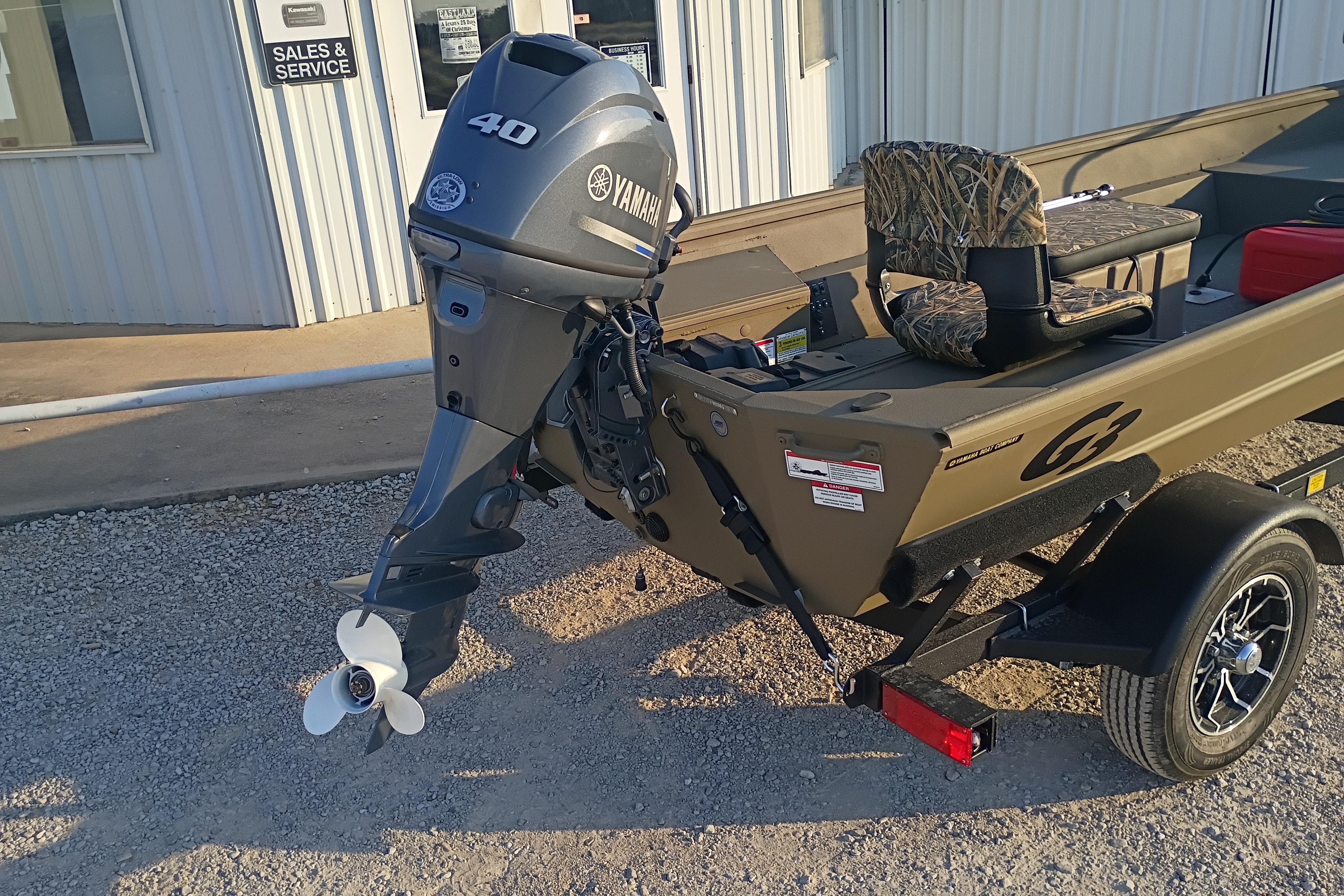 2026 G3 Gator Tough 16 FL boat with Yamaha 40 engine at sales and service center.