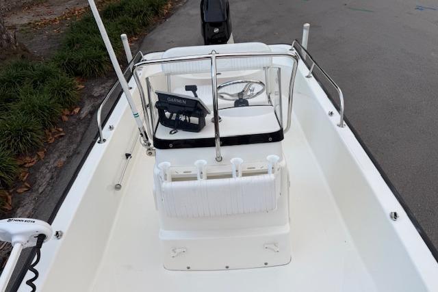 2016 Boston Whaler 150 Montauk boat interior with Garmin navigation system.