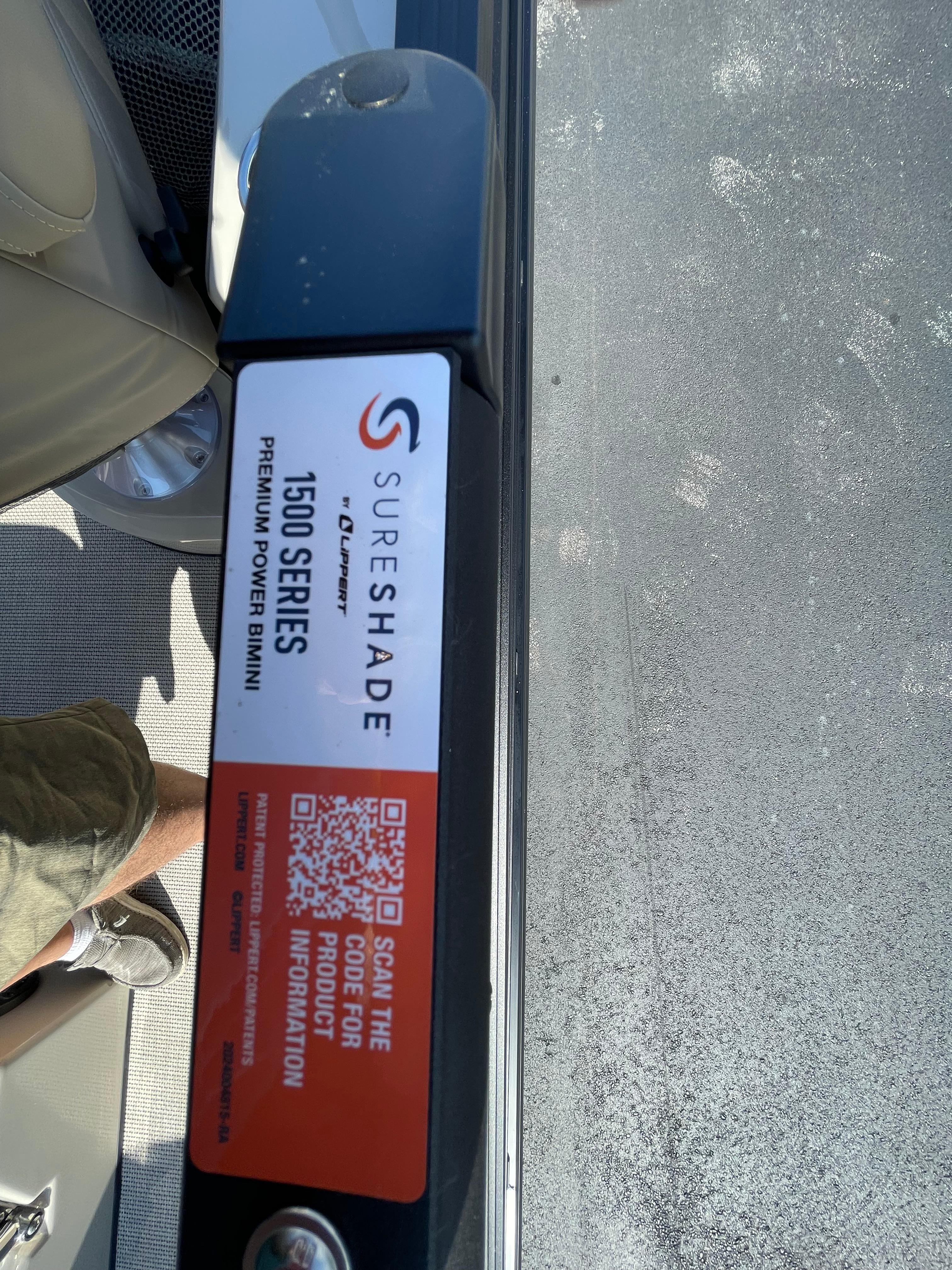 Sureshade 1500 Series label on Harris Solstice 230 boat, 2026 model.