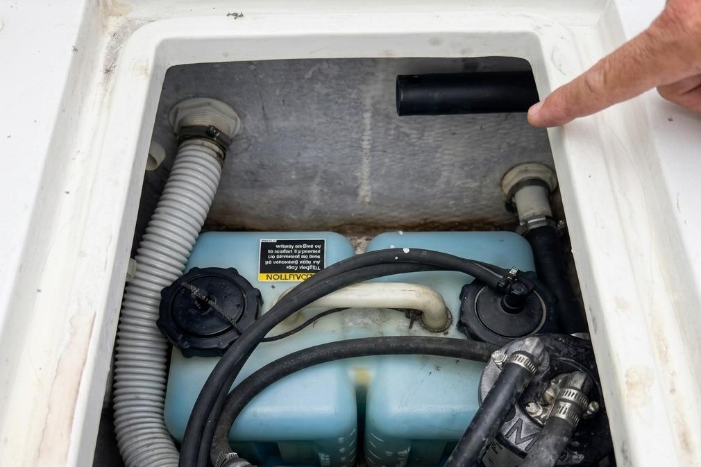 1989 Grady-White Offshore 242 boat compartment with hoses and a blue tank.
