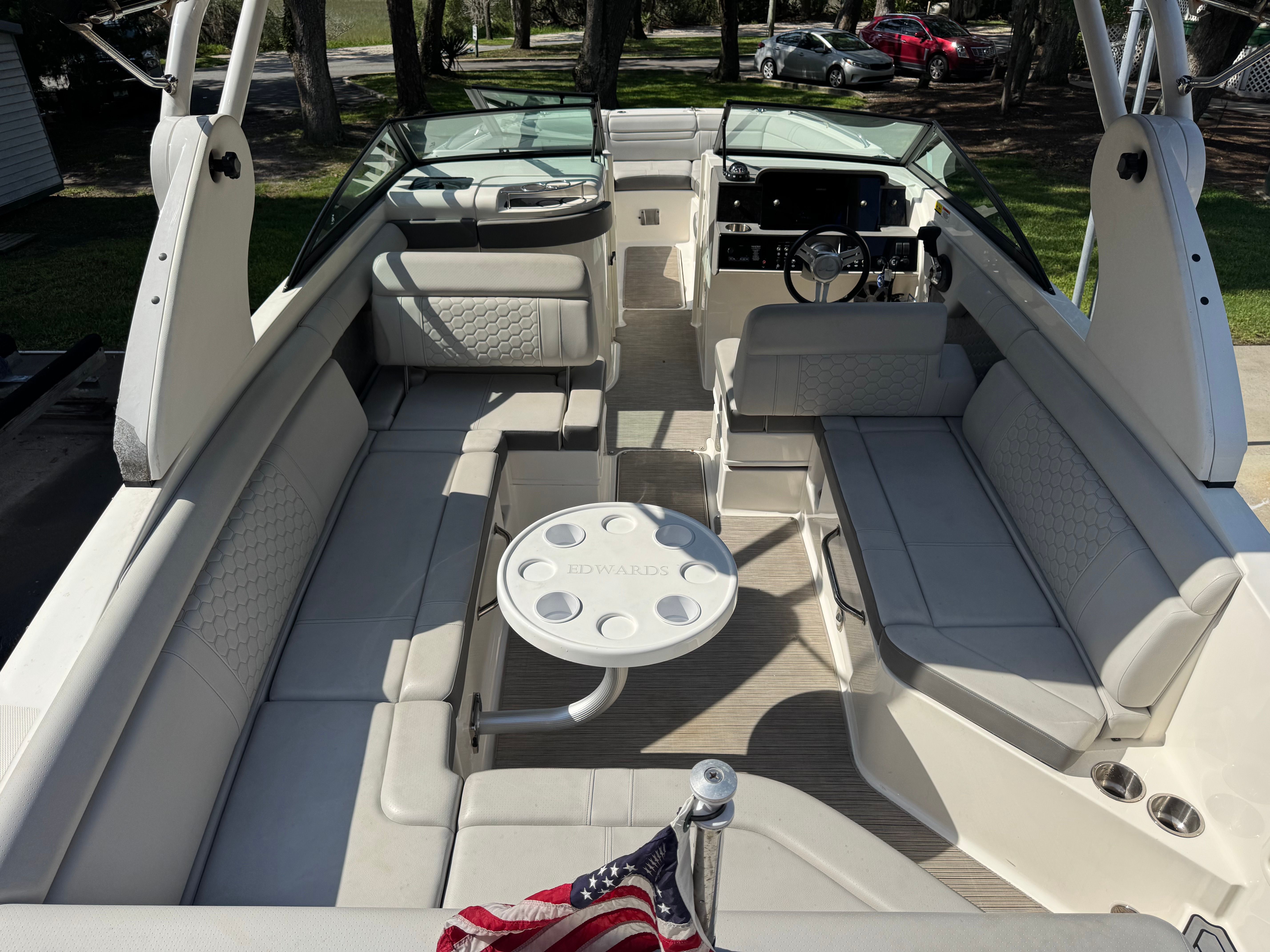 Interior of a 2020 Sea Ray SDX 270 Outboard boat with seating area.